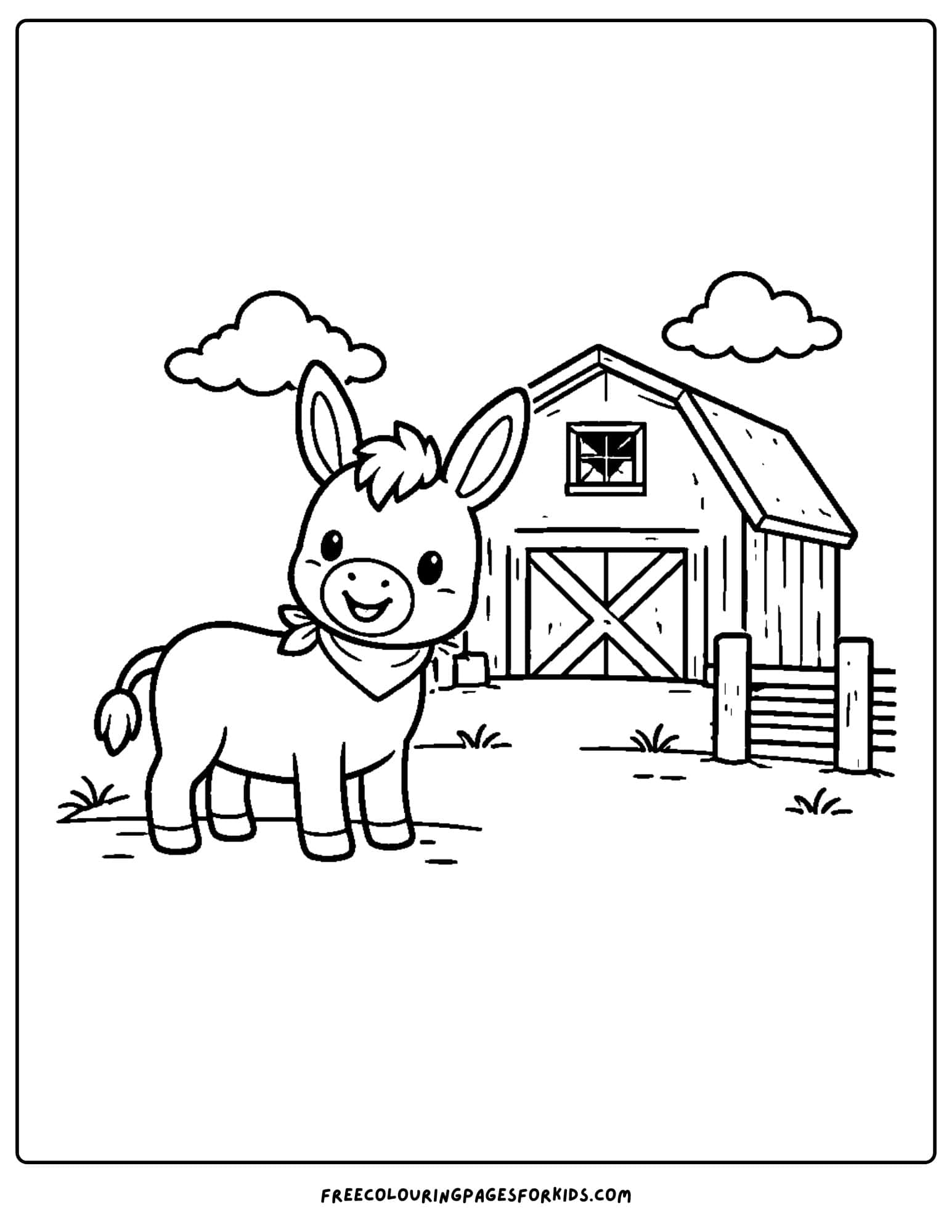 a coloring page of a donkey standing with a barn in the background
