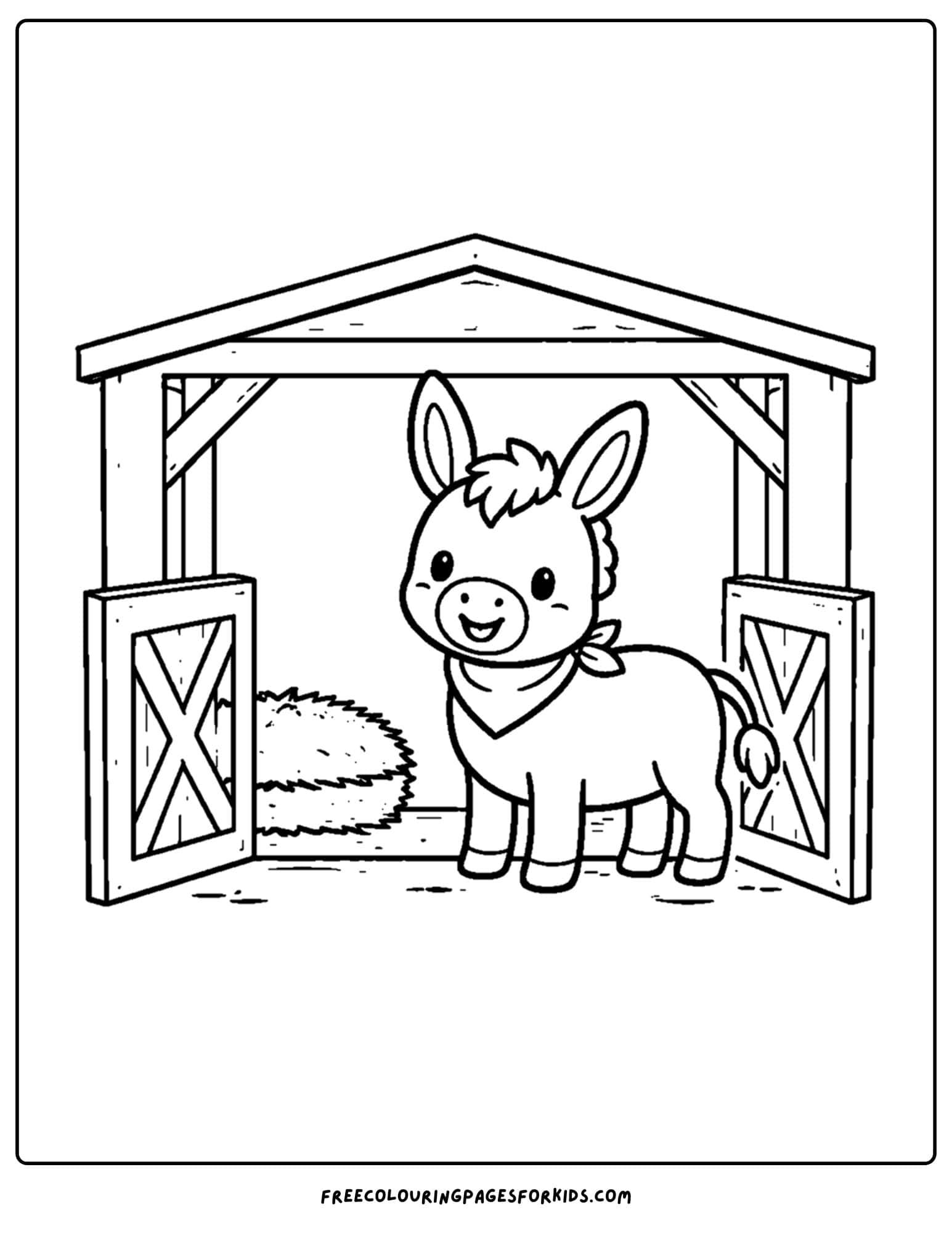 a coloring page of a donkey in a barn stall
