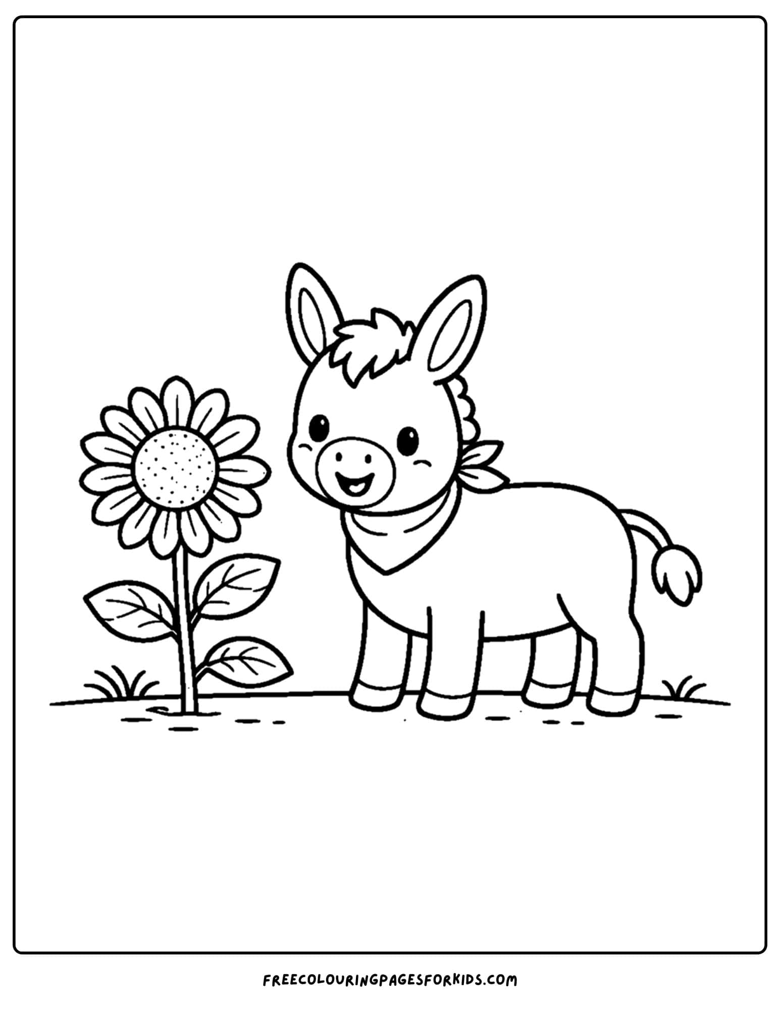 a coloring page of a donkey and a big sunflower