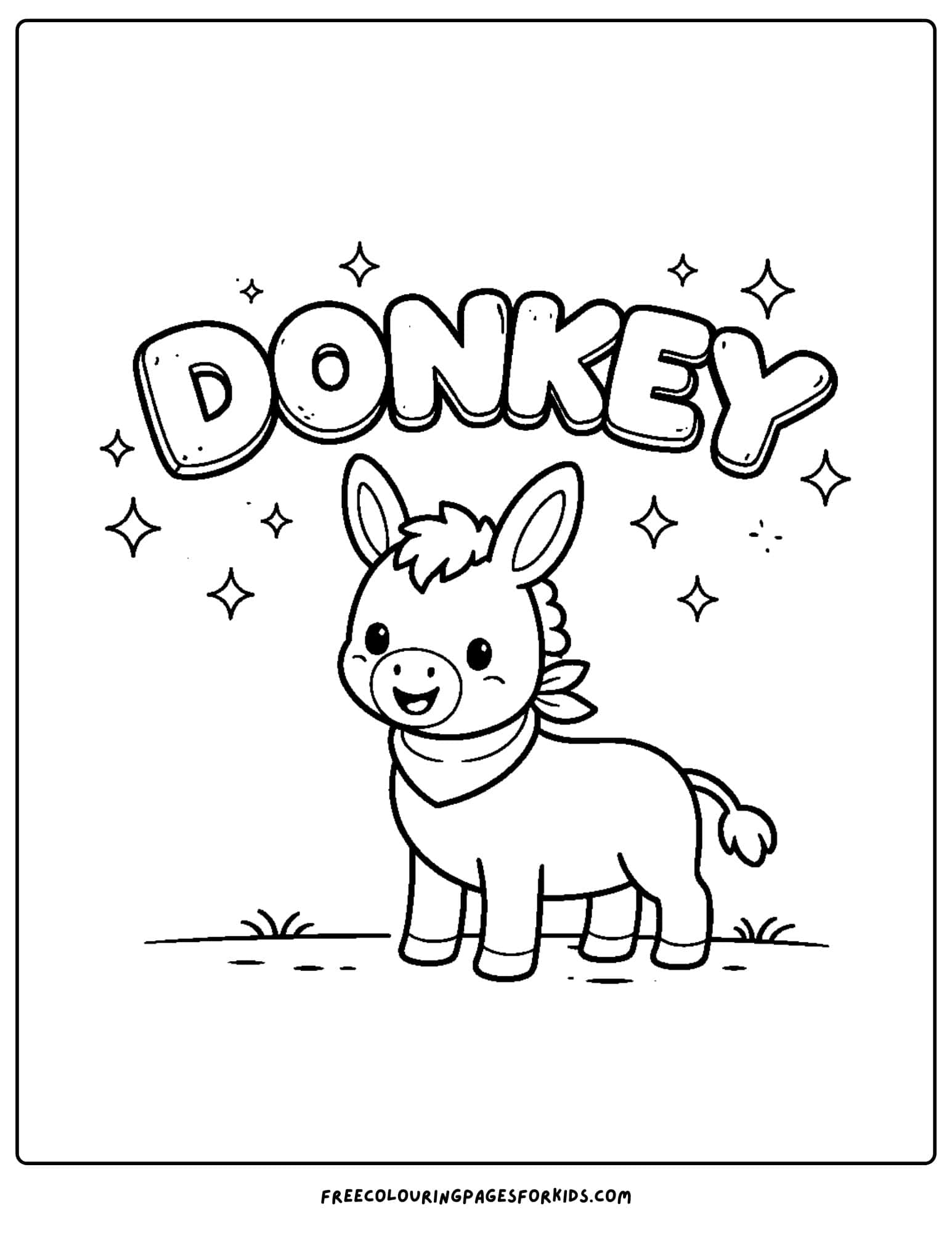 a coloring page of a donkey with bubble letters of the word donkey above