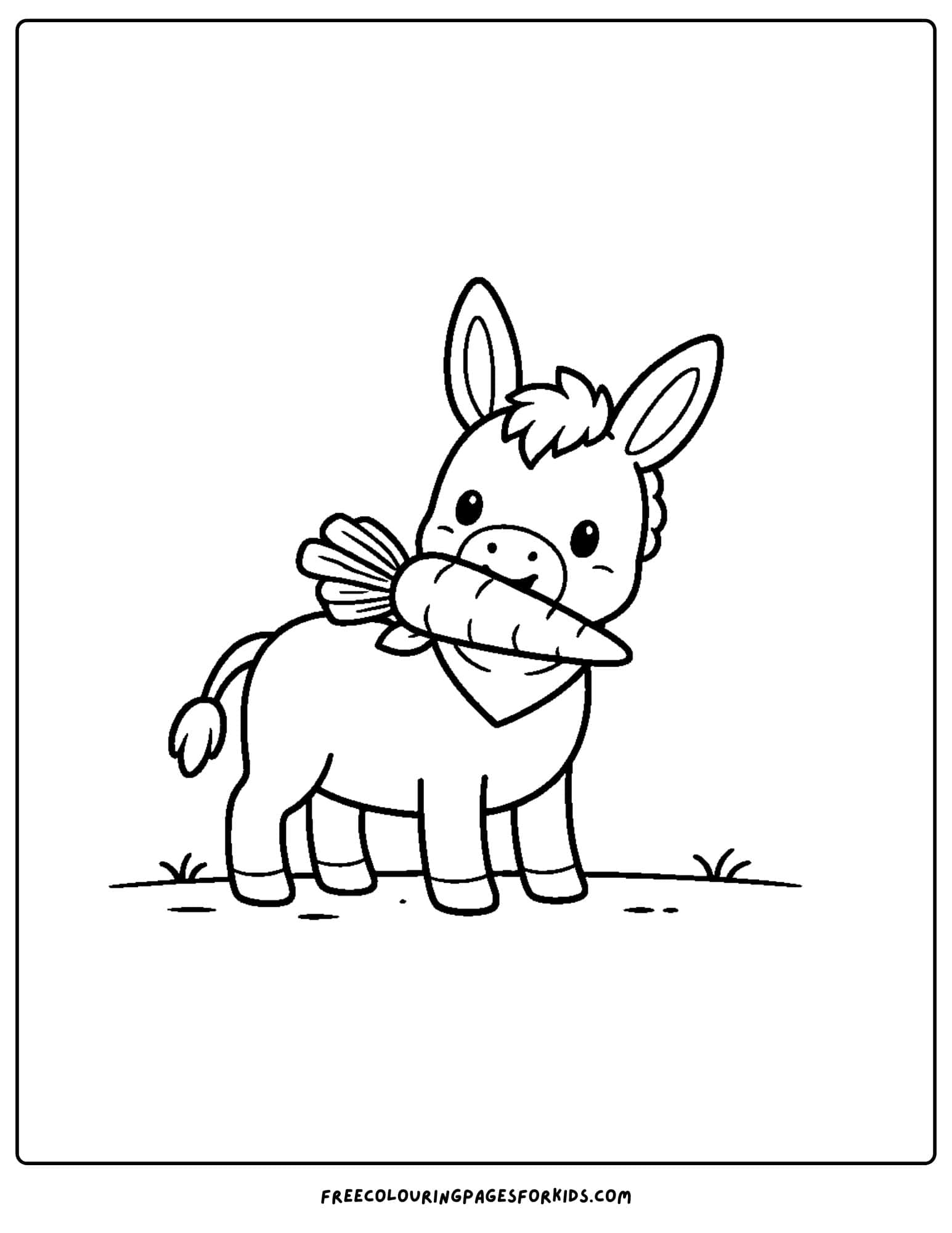 a coloring page of a donkey with a carrot in its mouth