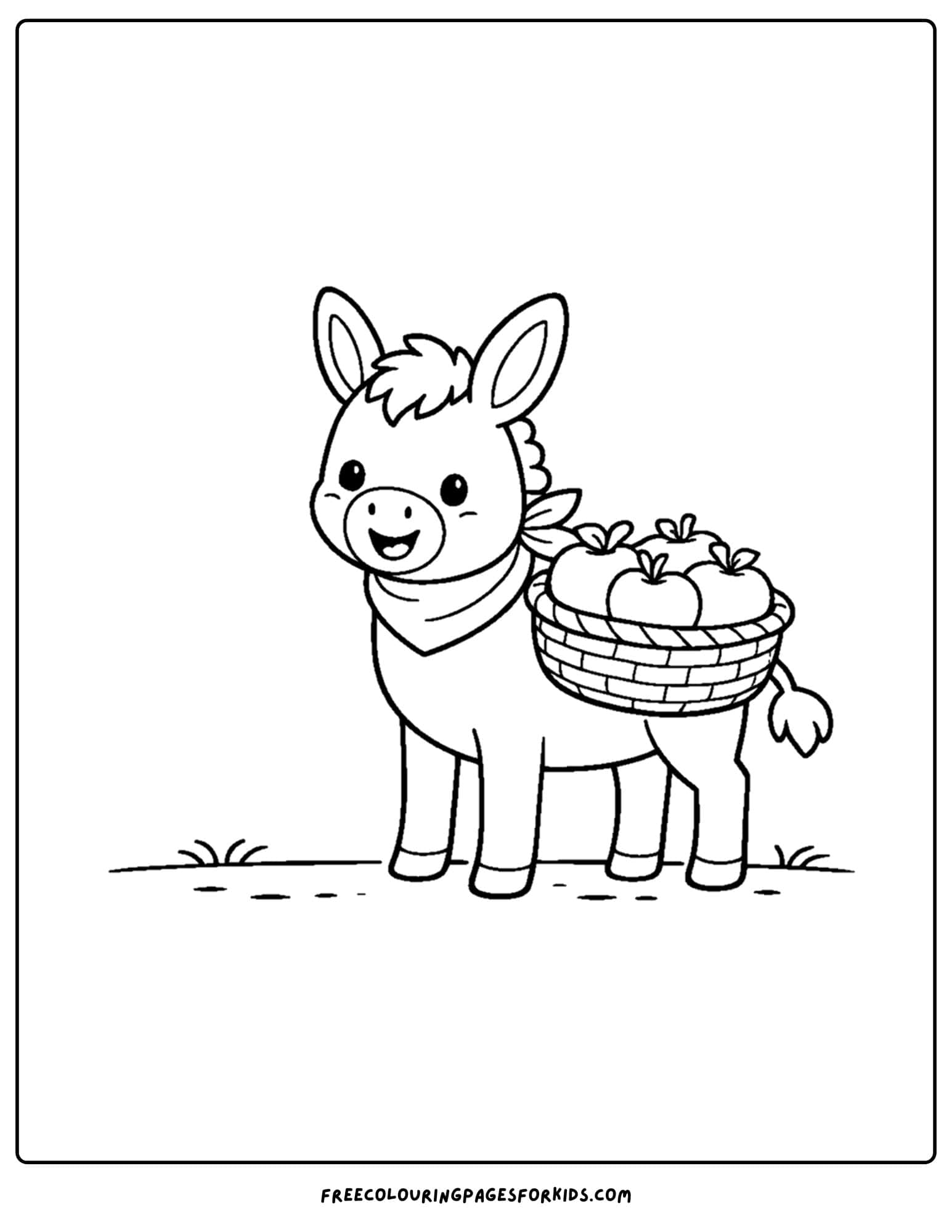 a coloring page of a donkey carrying a basket of apples