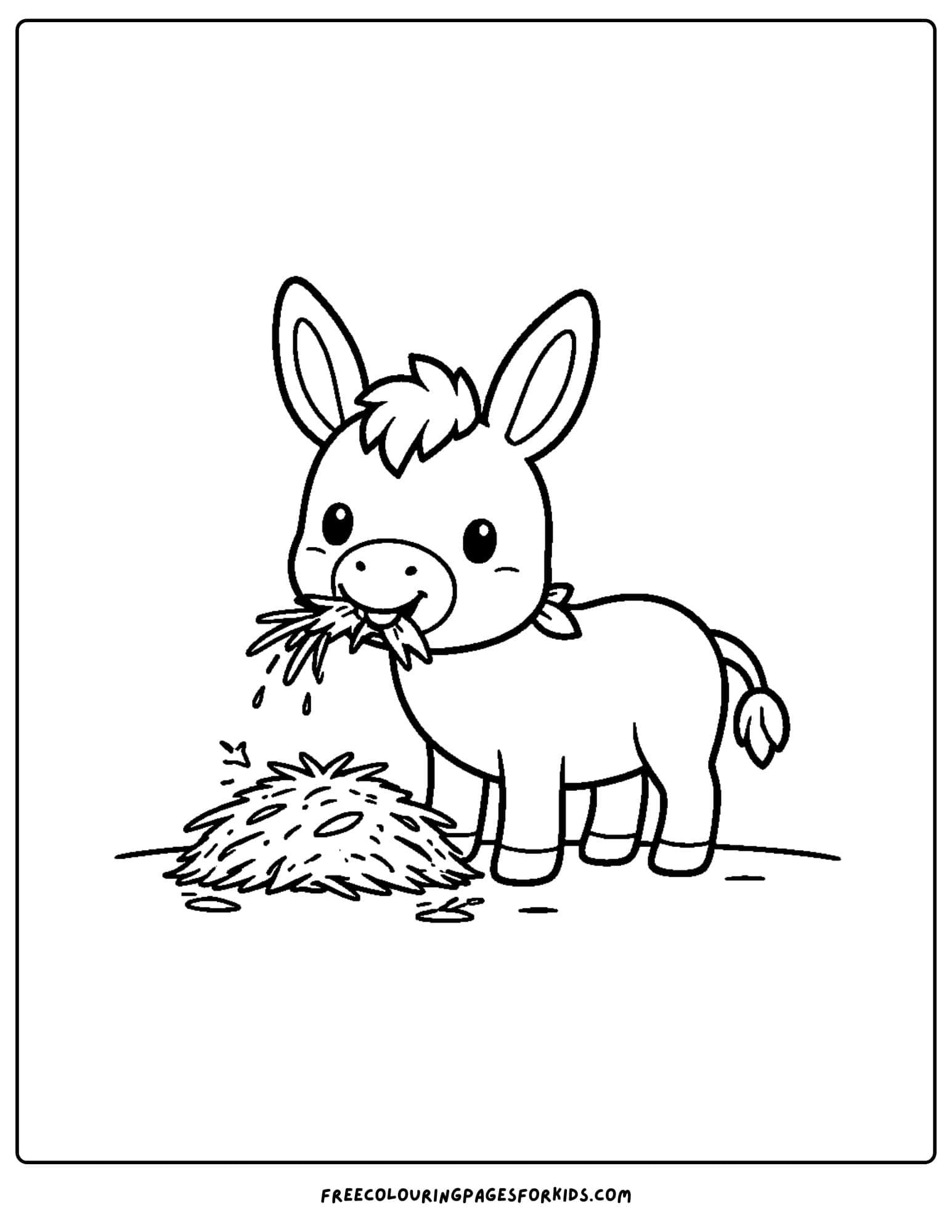 a coloring page of a donkey eating hay