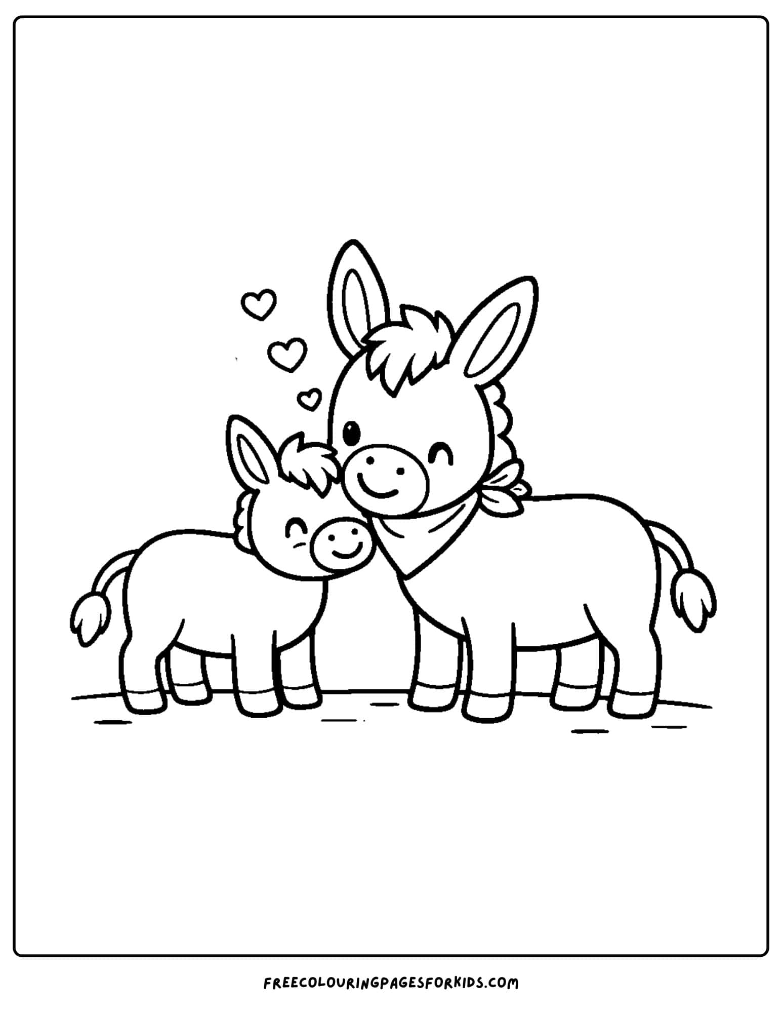 a coloring page of a donkey nuzzling another donkey