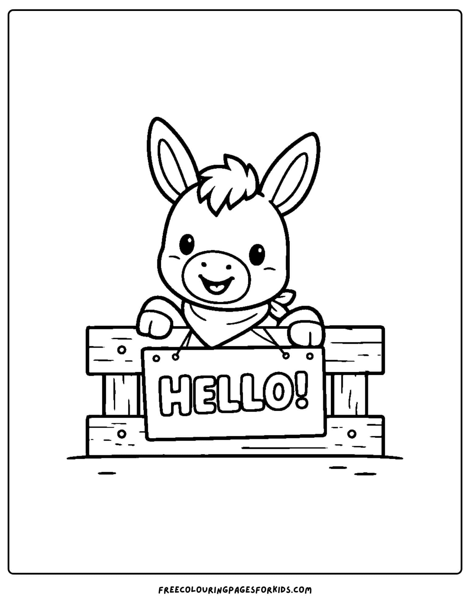 a coloring page of a donkey peeking over a fence