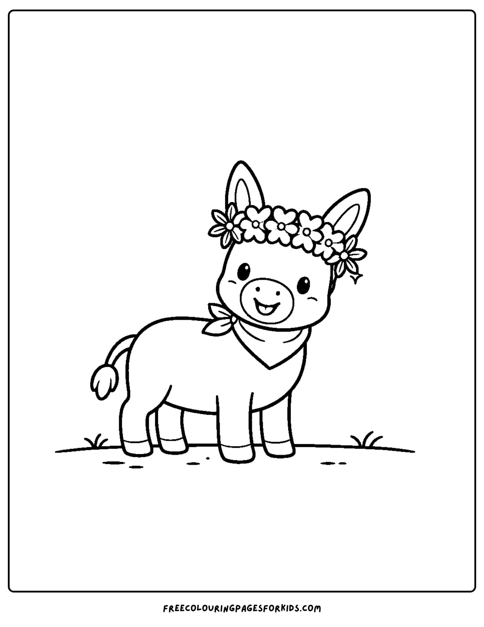 a coloring page of a donkey wearing a flower crown