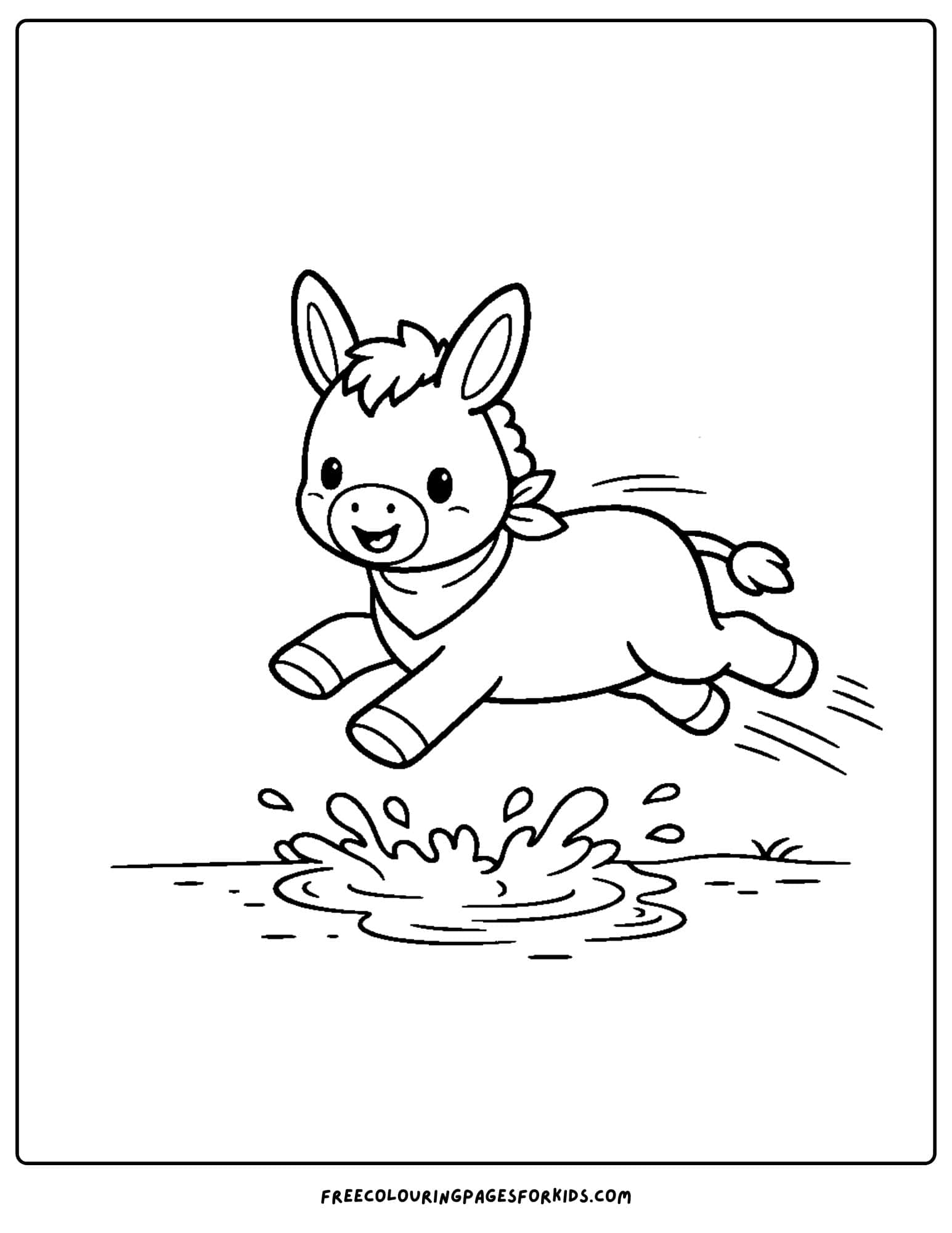 a coloring page of a donkey jumping in a puddle