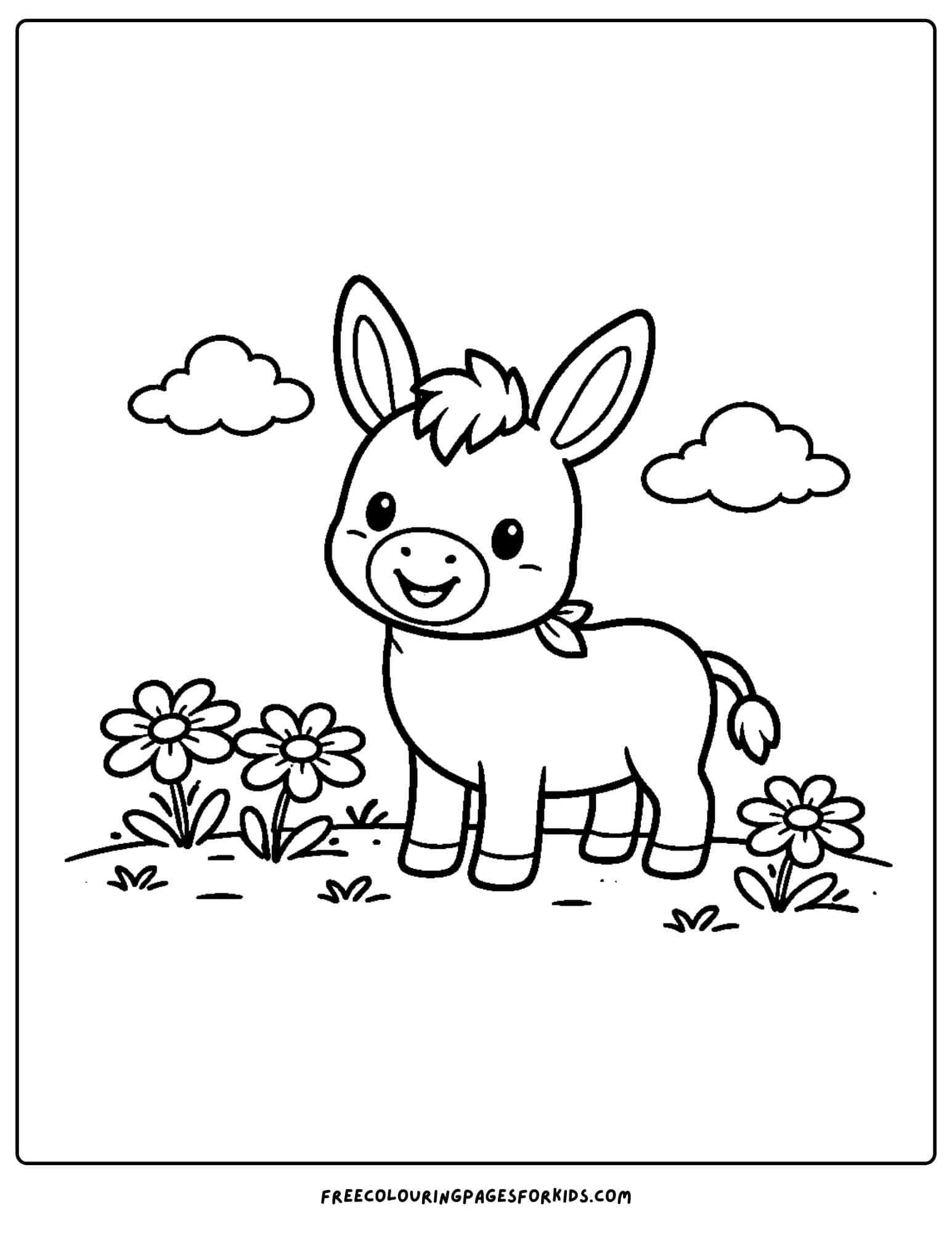 a coloring page of a donkey in a flower meadow