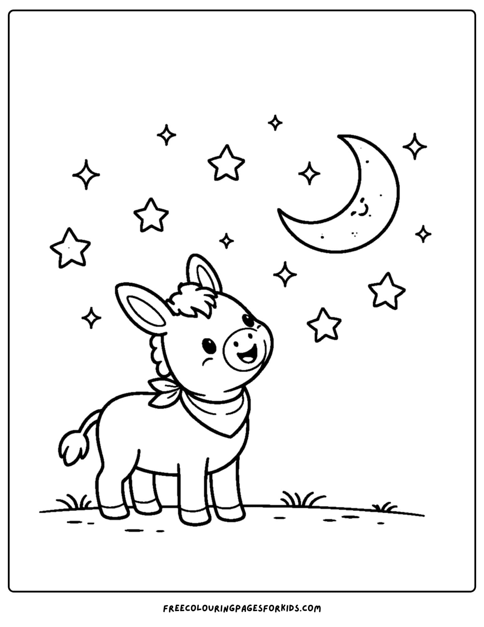 a coloring page of a donkey looking up at the moon and stars