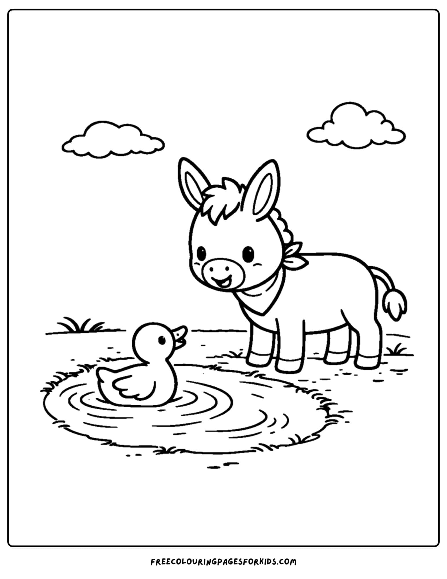 a coloring page of a donkey looking at a duck in a pond