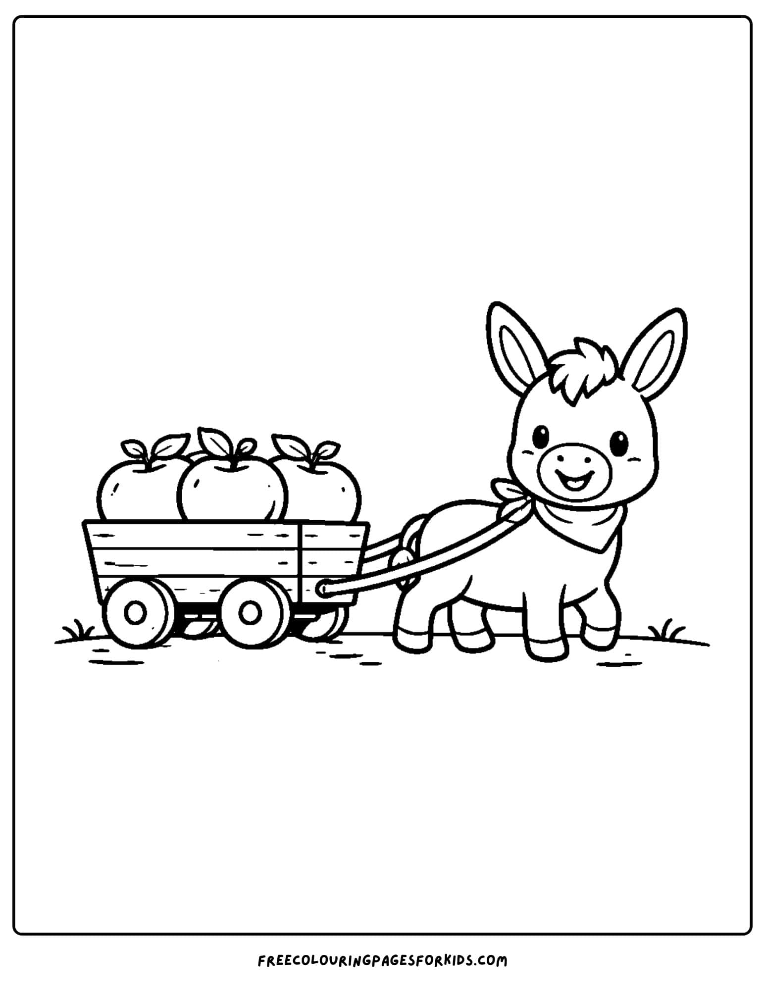 a coloring page of a donkey pulling an apple wagon