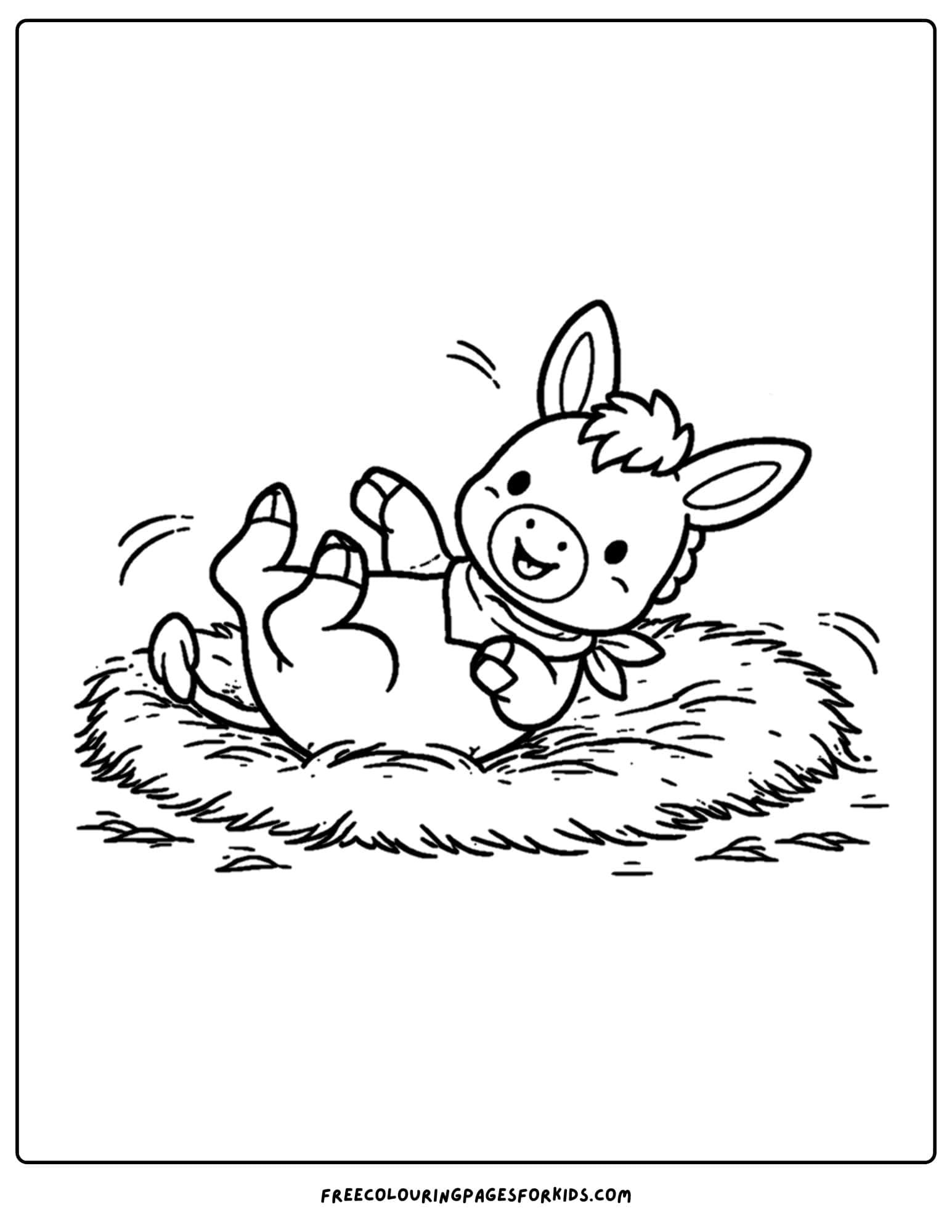 a coloring page of a donkey rolling in hay