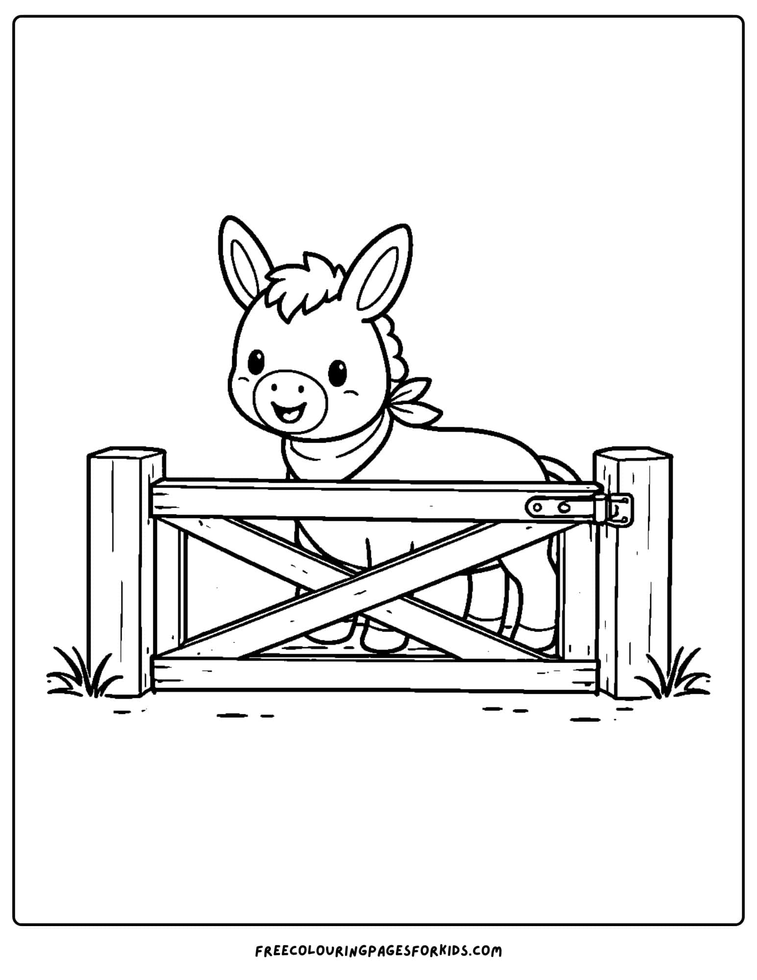 a coloring page of a donkey standing at a gate