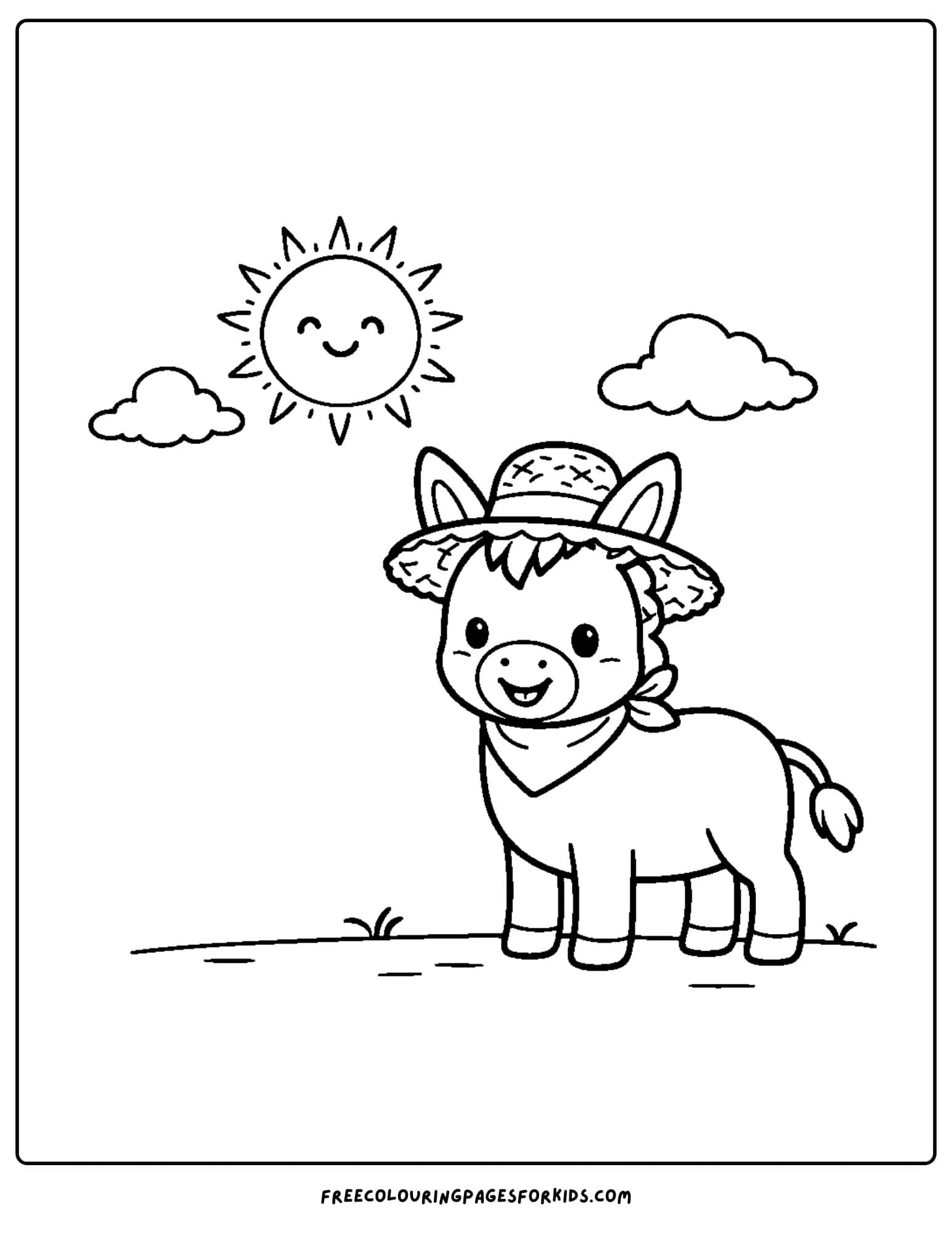 a coloring page of a donkey wearing a staw hat under the sun