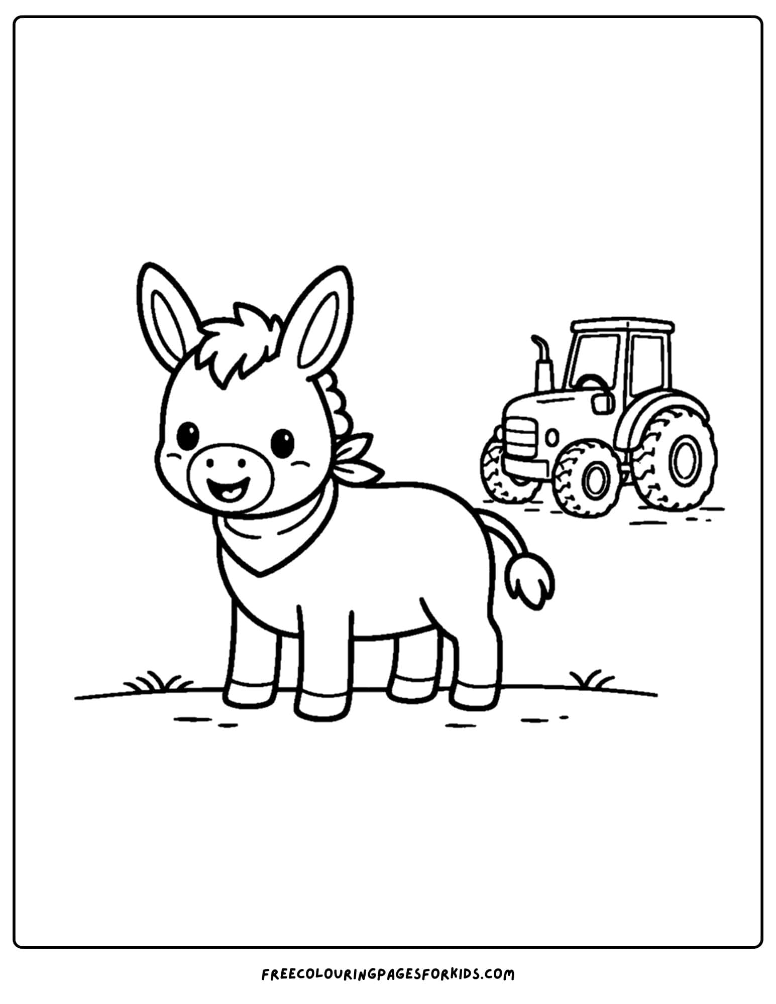a coloring page of a donkey with a farm tractor in the background