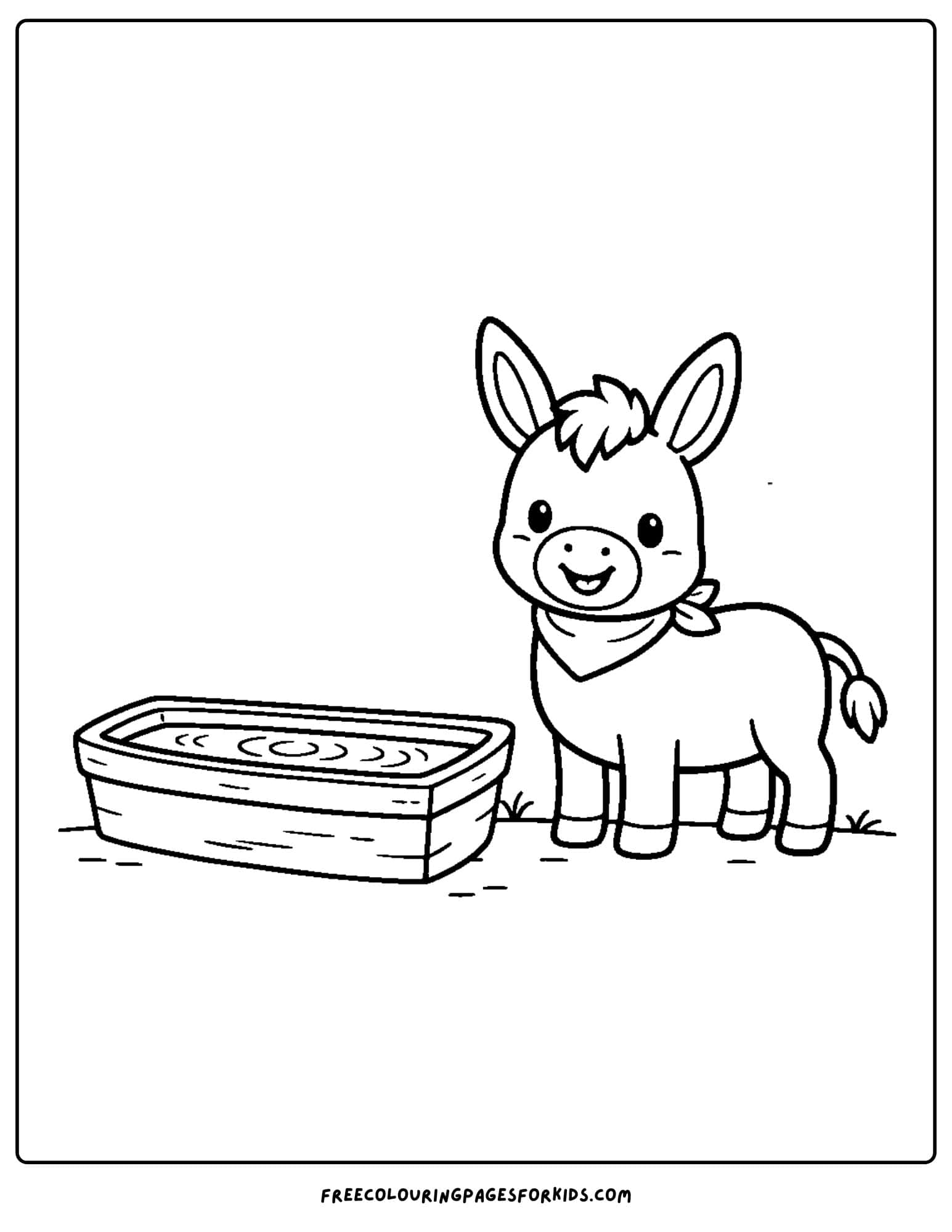 a coloring page of a donkey standing at a water trough