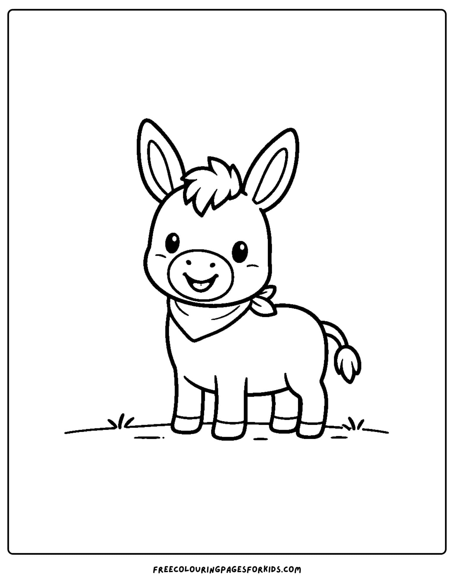 a coloring page of a donkey smiling and wearing a bandana around its neck