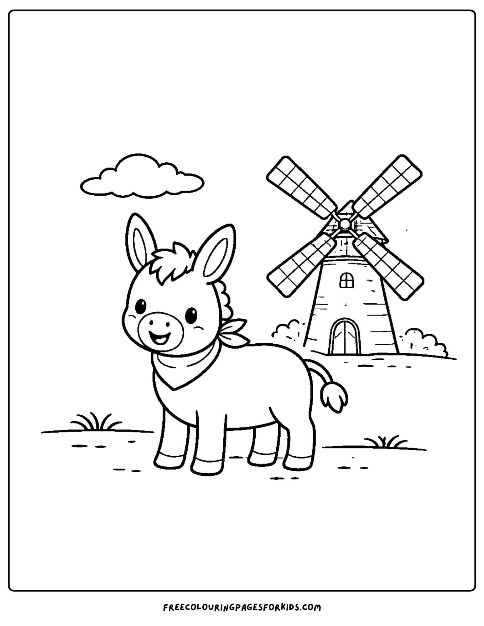 a coloring page of a donkey in front on a windmill