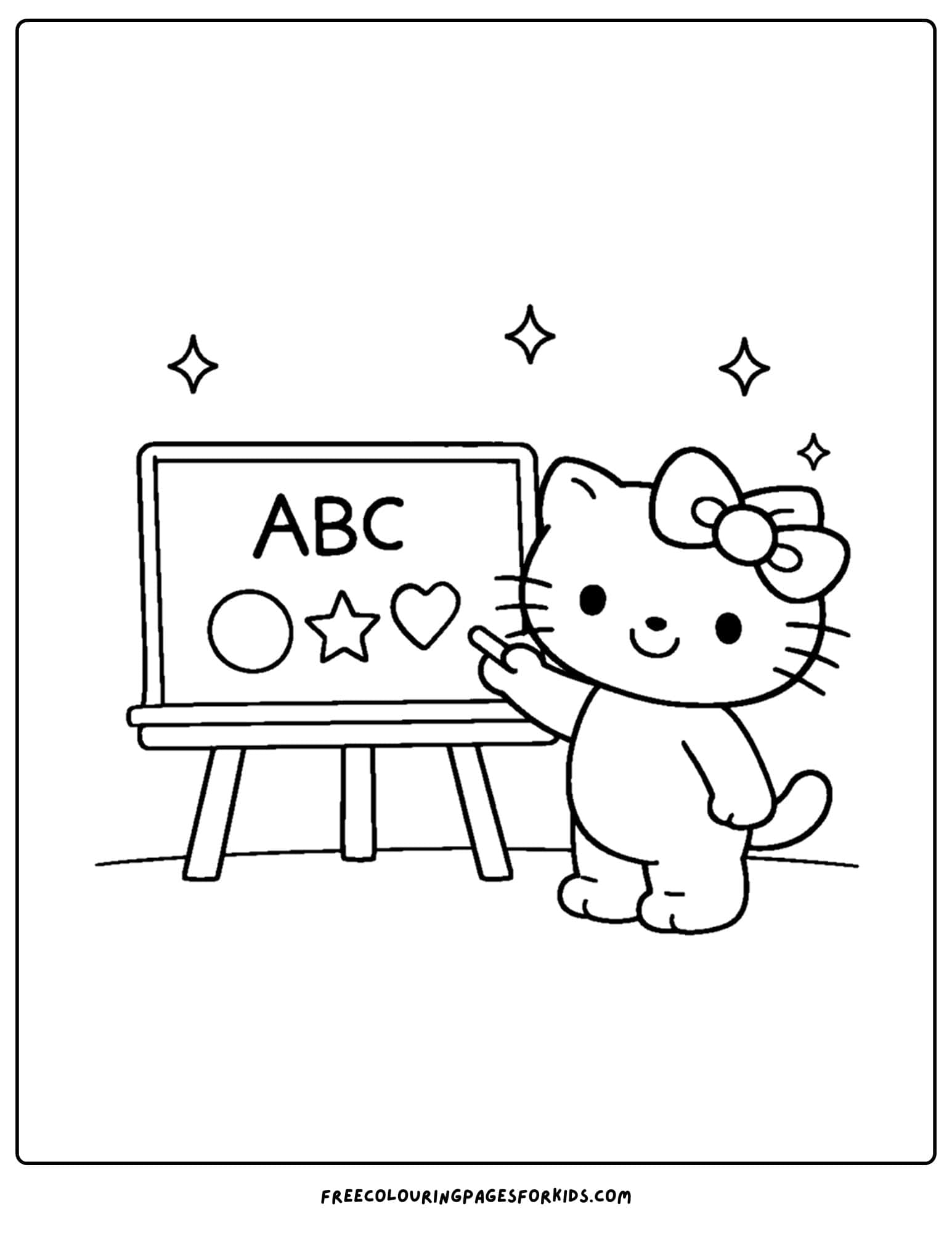 A coloring page of hello kitty teaching abcs on a blackboard