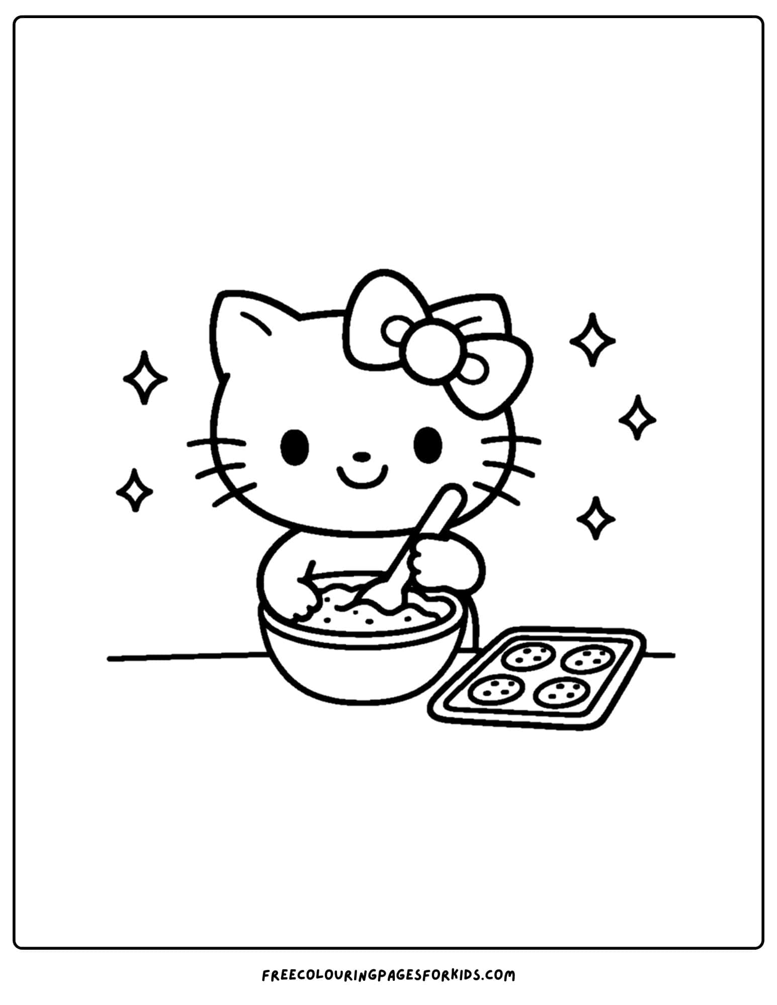 Coloring page of Hello Kitty baking cookies