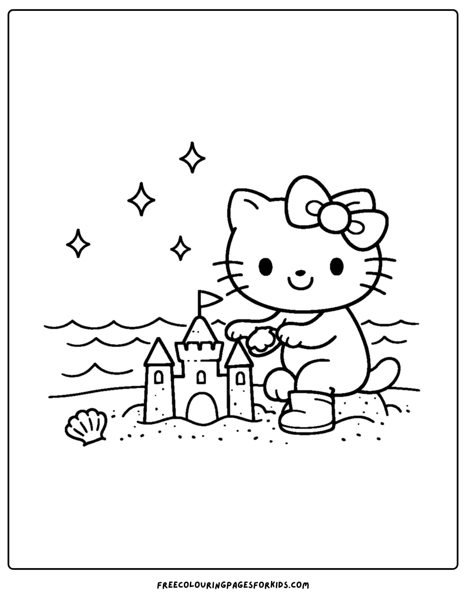 Hello Kitty building a sandcastle at the beach coloring page