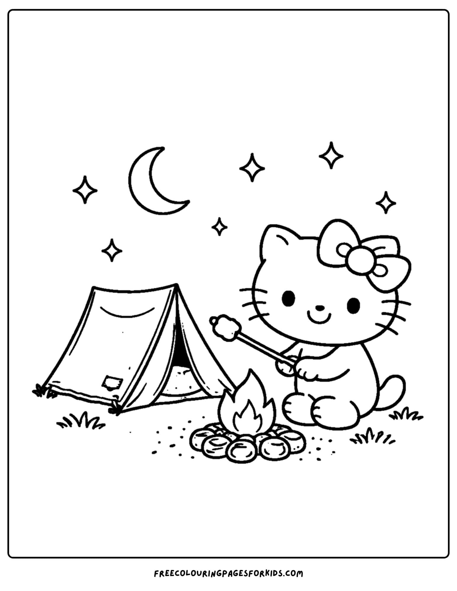 Coloring page of Hello Kitty camping and roasting marshmallows over the fire