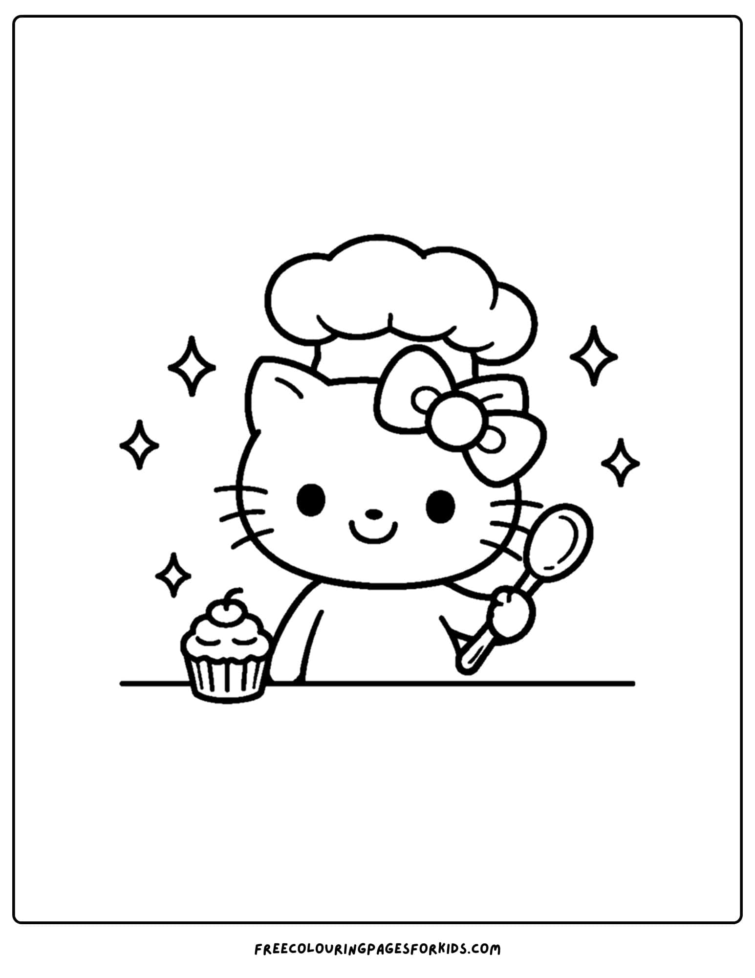 hello kitty coloring page wearing chef hat standing in front of cupcakes