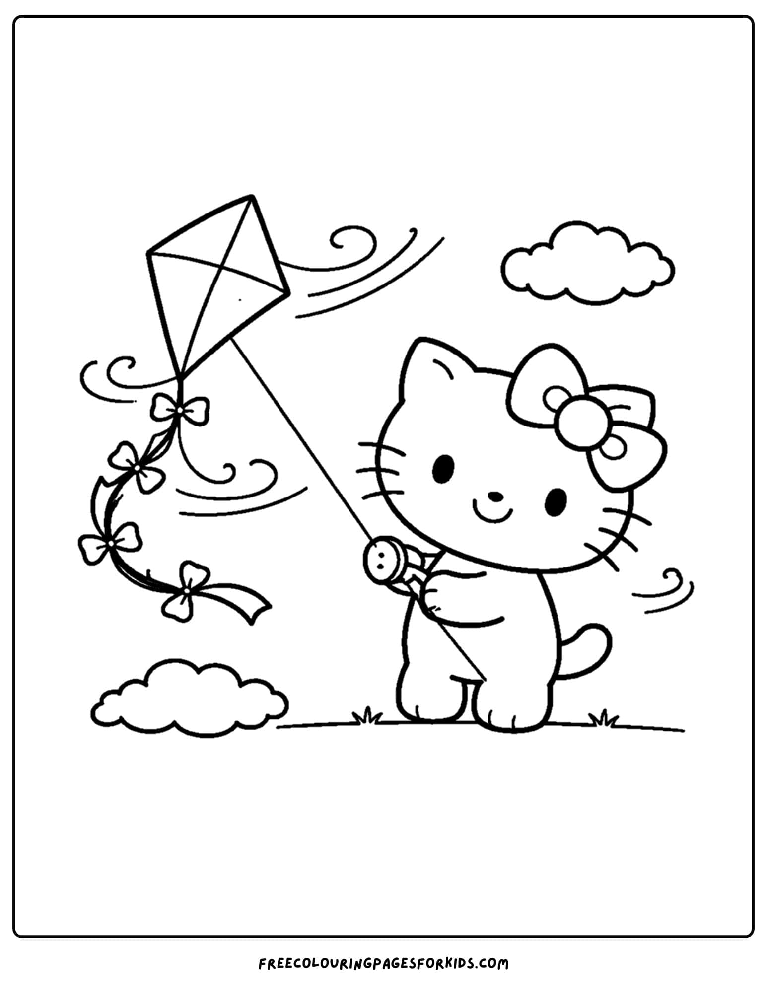 Coloring page of Hello Kitty flying a kite on a windy day