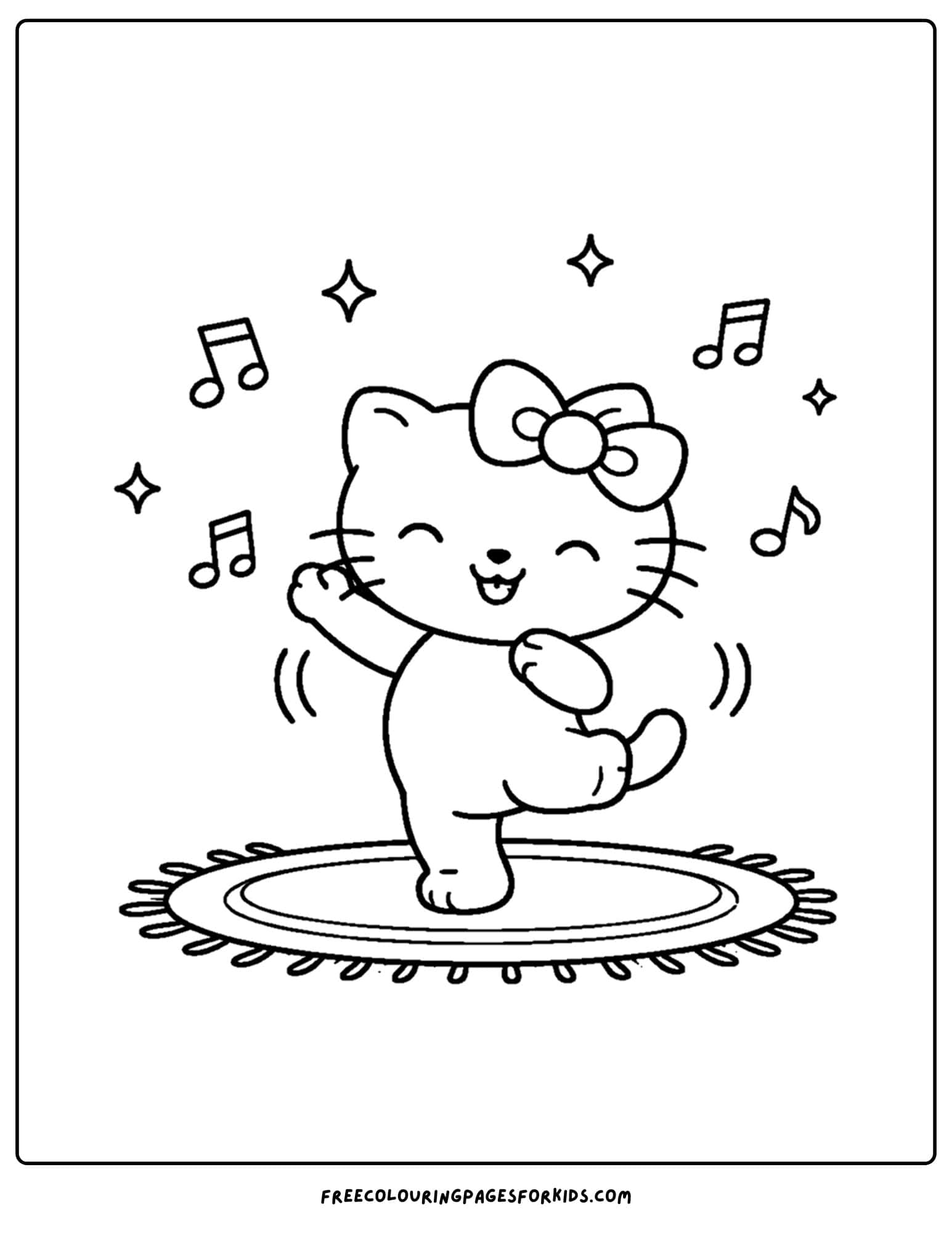 A coloring page of hello kitty dancing on the carpet