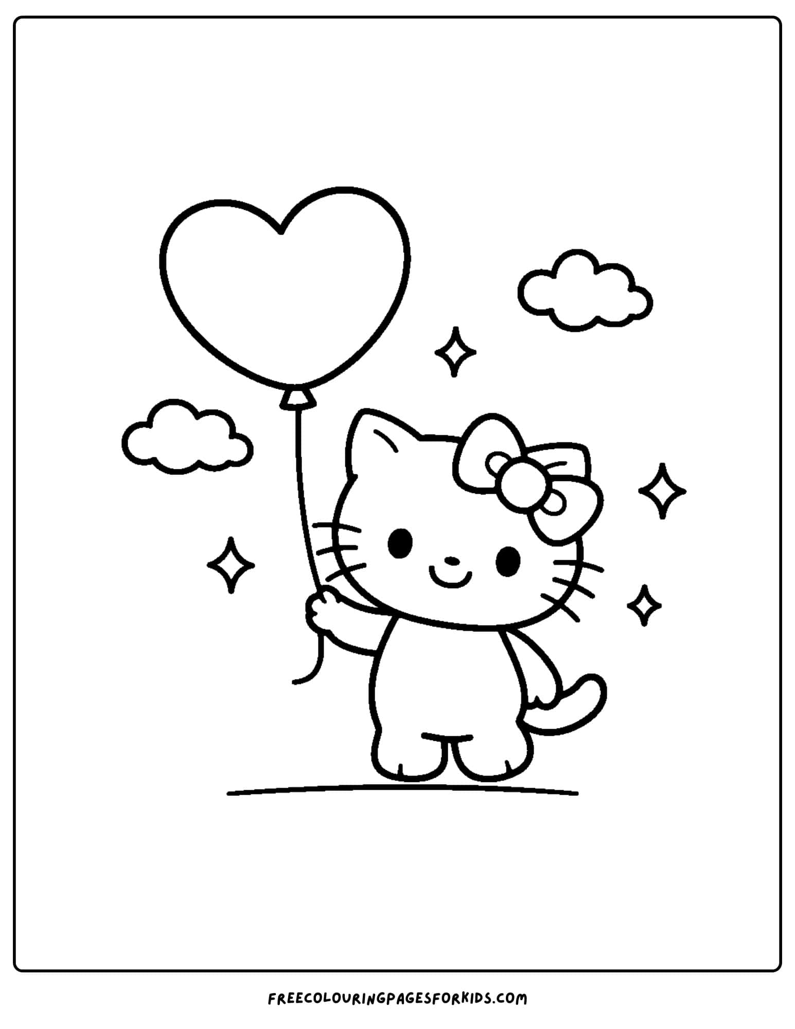 hello kitty coloring page holding heart shaped balloon