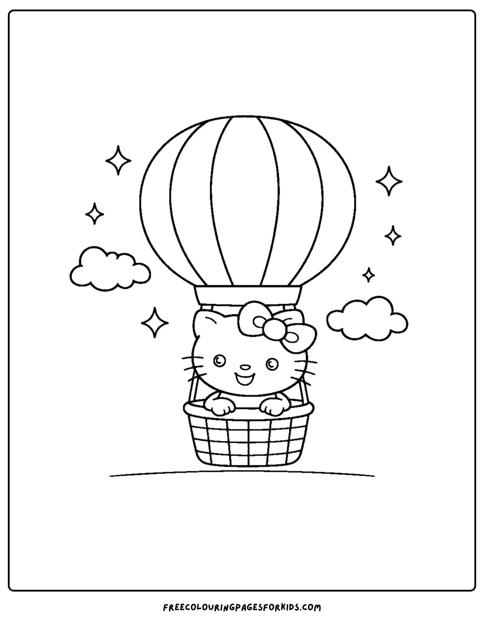 hello kitty coloring page riding a hot air balloon