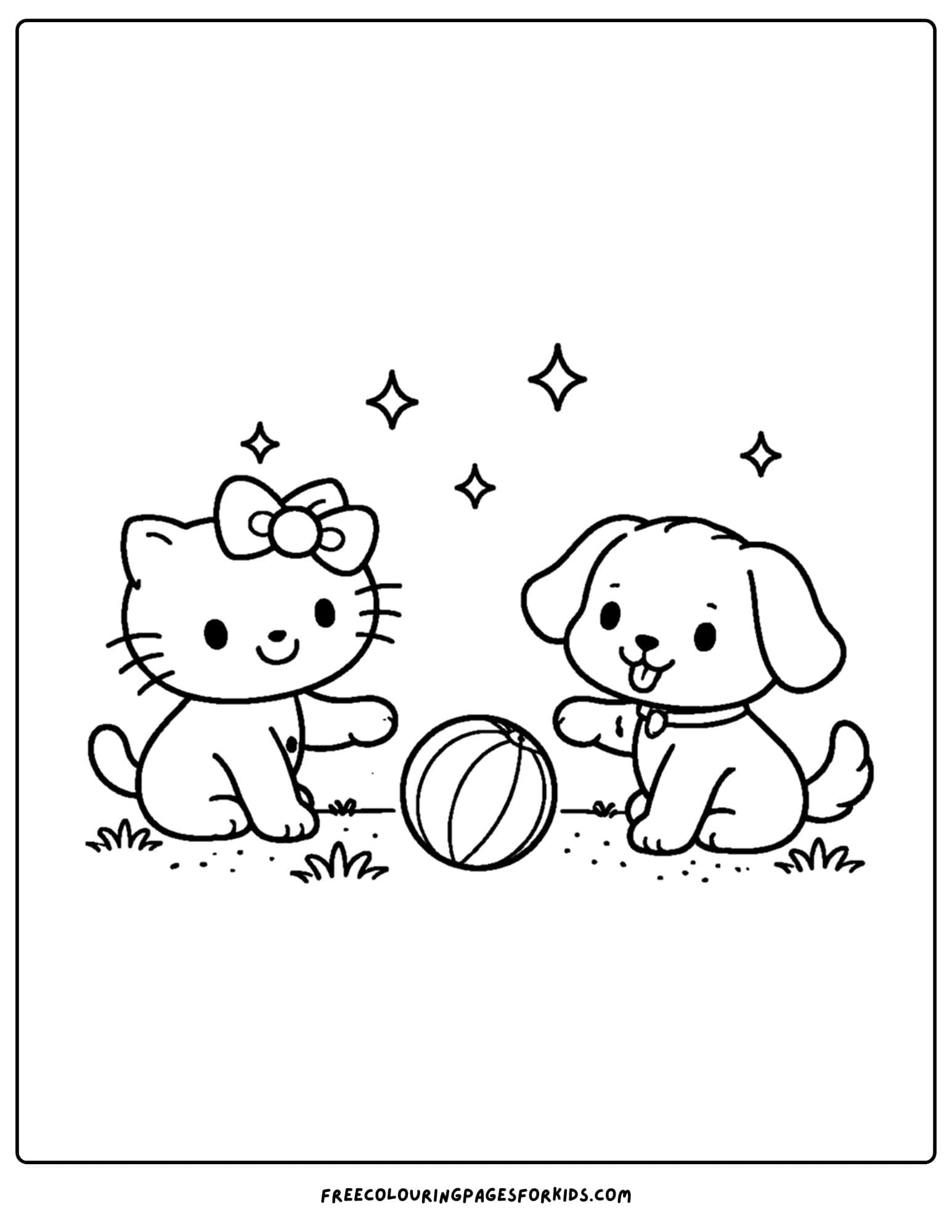 Coloring page of Hello Kitty and dog playing with a ball