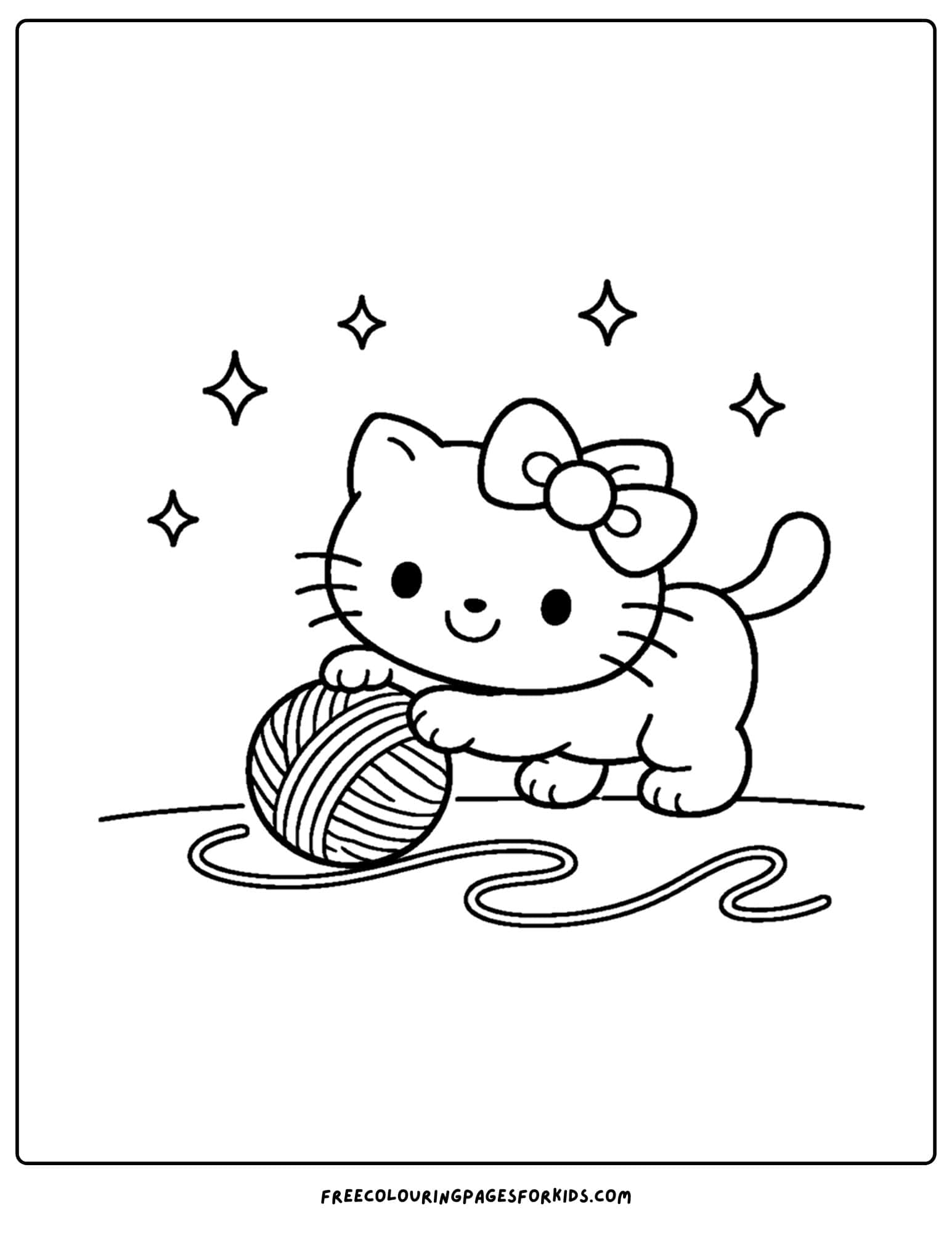 Hello Kitty coloring page playing with a ball of yarn