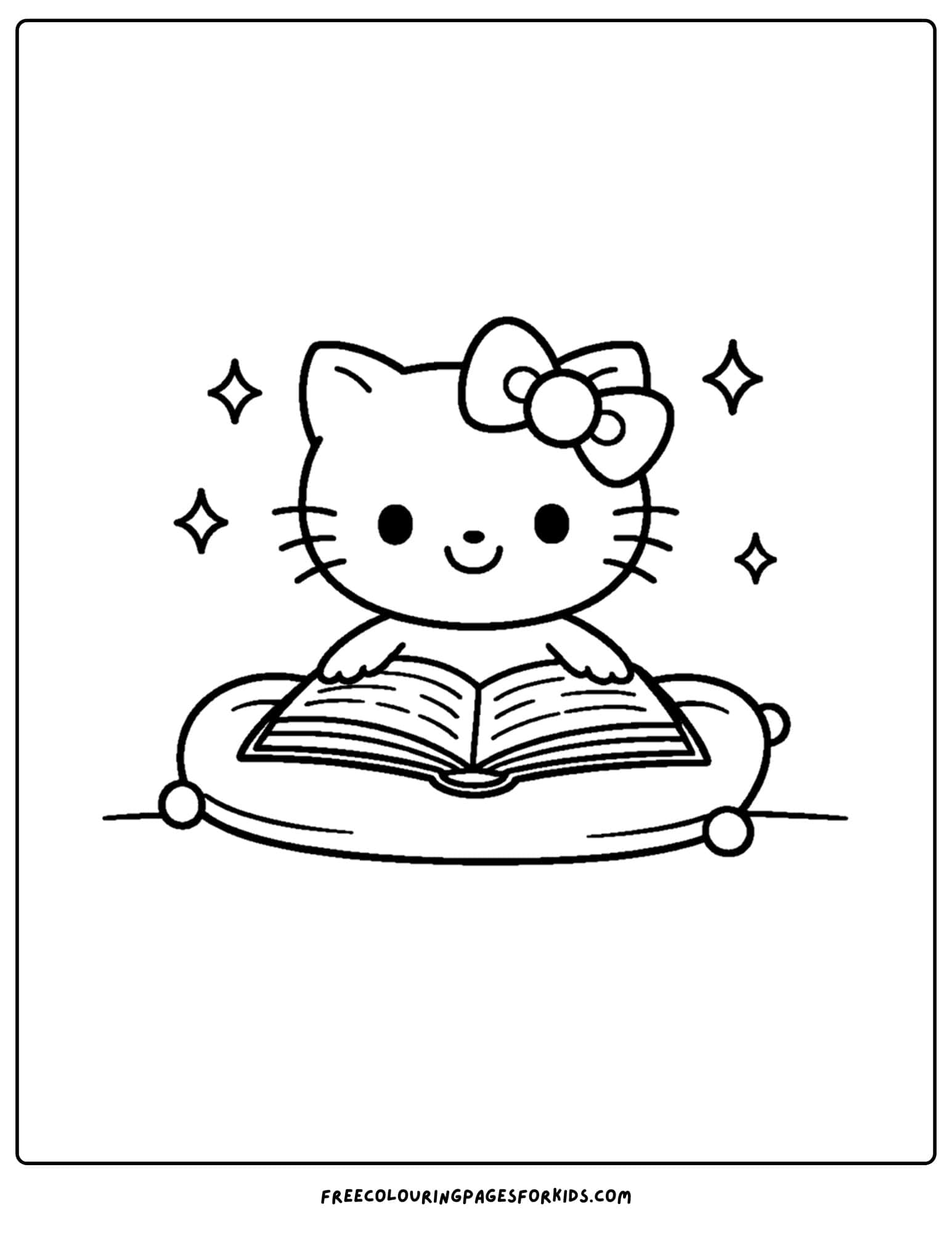 Coloring page of Hello Kitty reading a big book