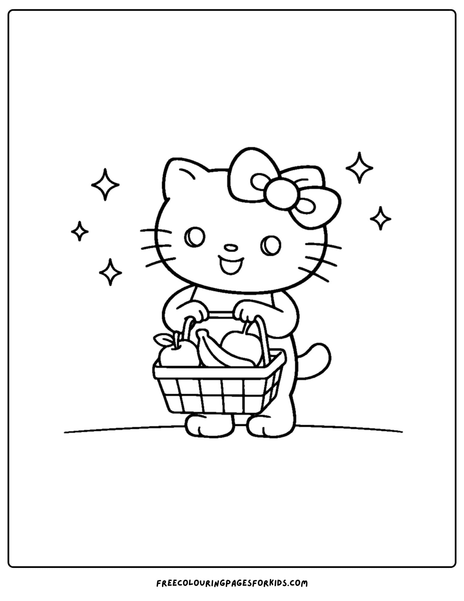 Hello Kitty coloring page holding basket full of fruits