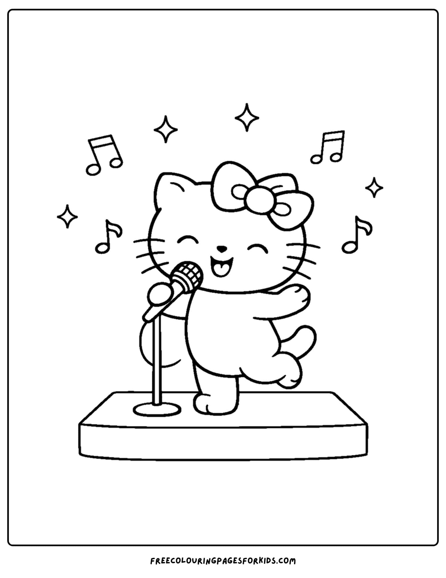 Coloring page of Hello Kitty happily singing into the microphone