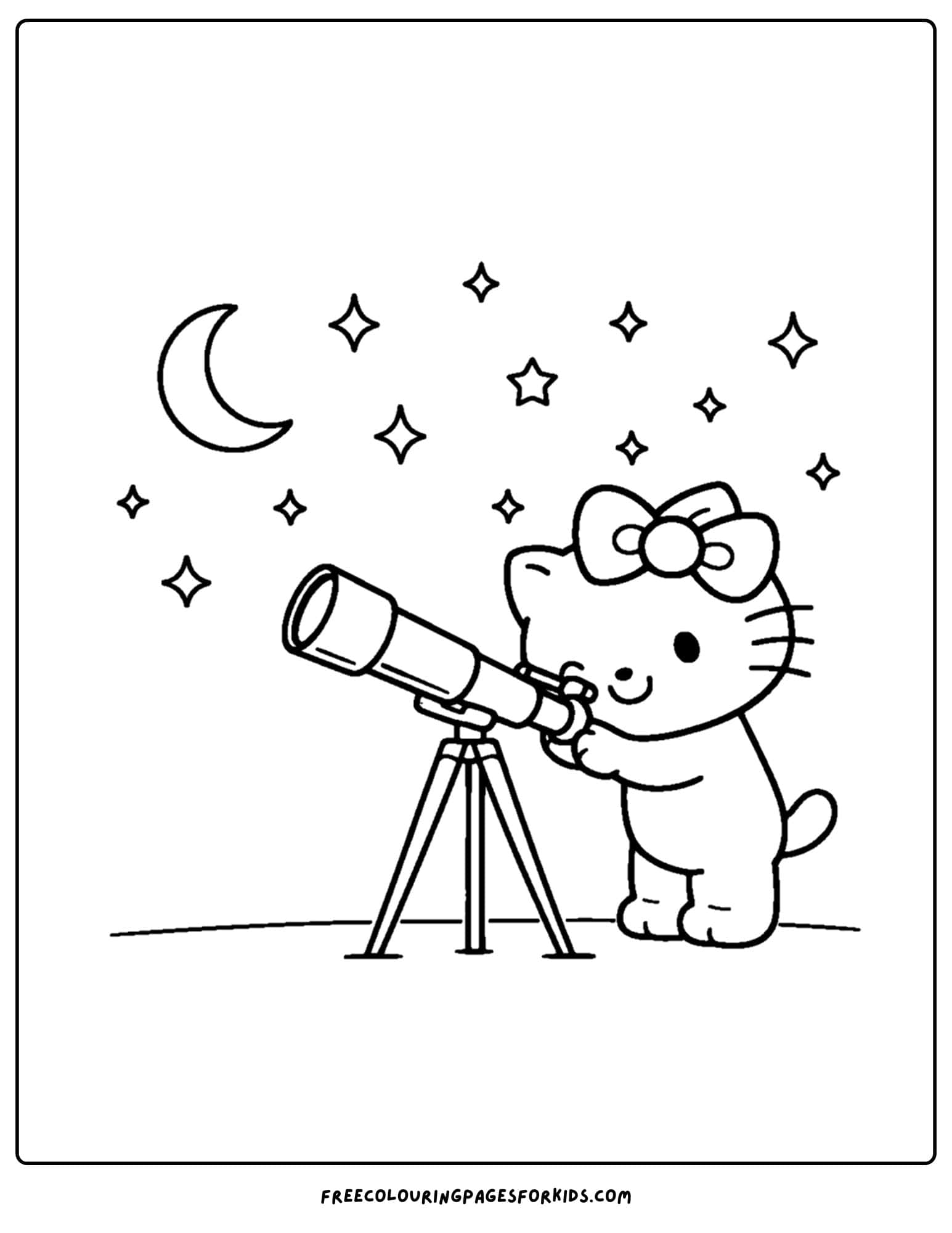 hello kitty coloring page for stargazing with a telescope