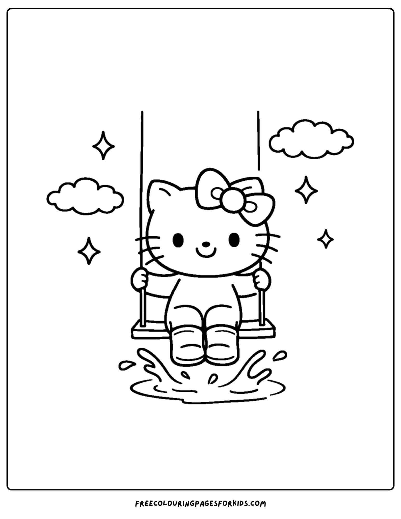 A Hello Kitty coloring page is swinging on a swing with a puddle underneath.
