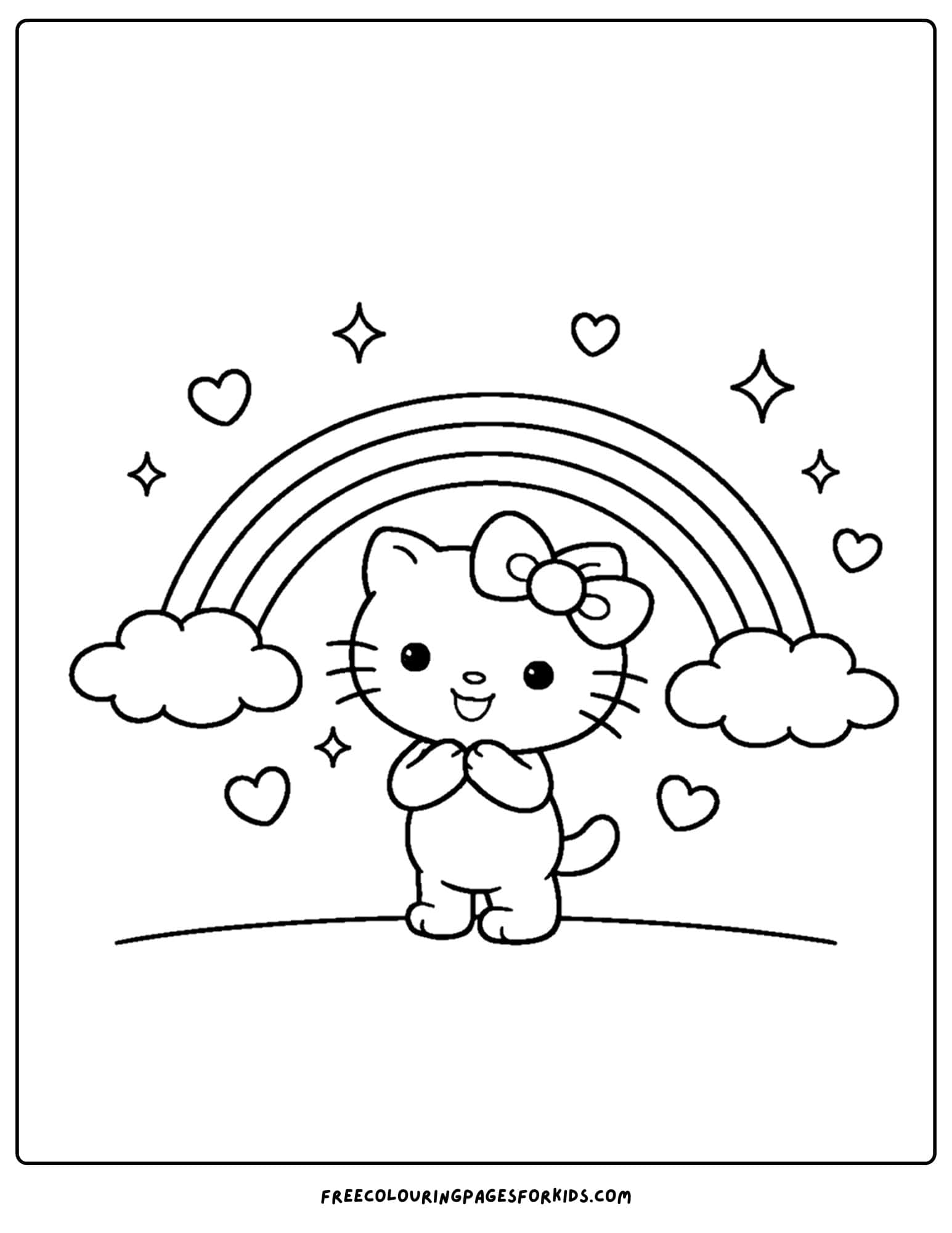 hello kitty coloring page standing under the rainbow