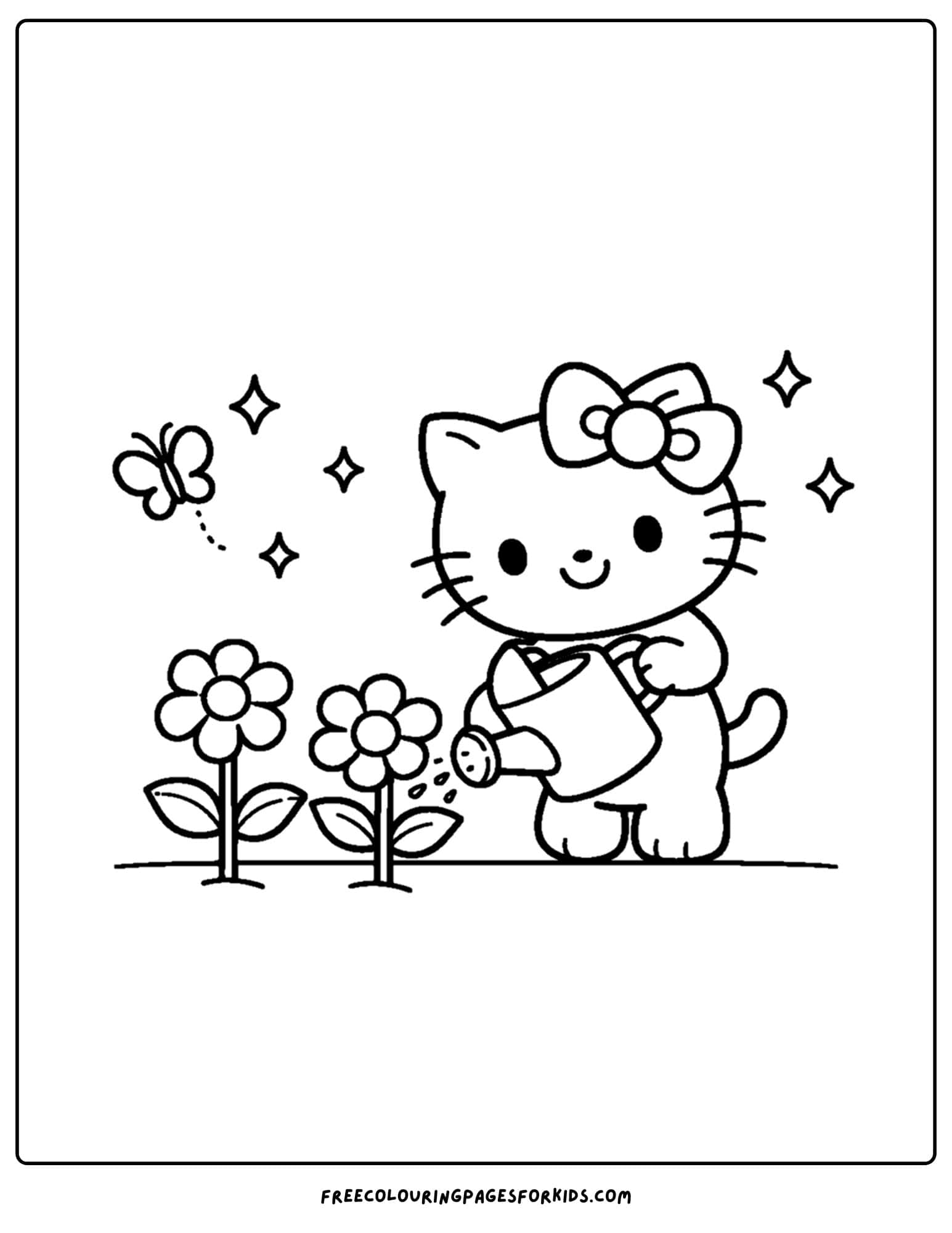 Coloring page of Hello Kitty watering flowers