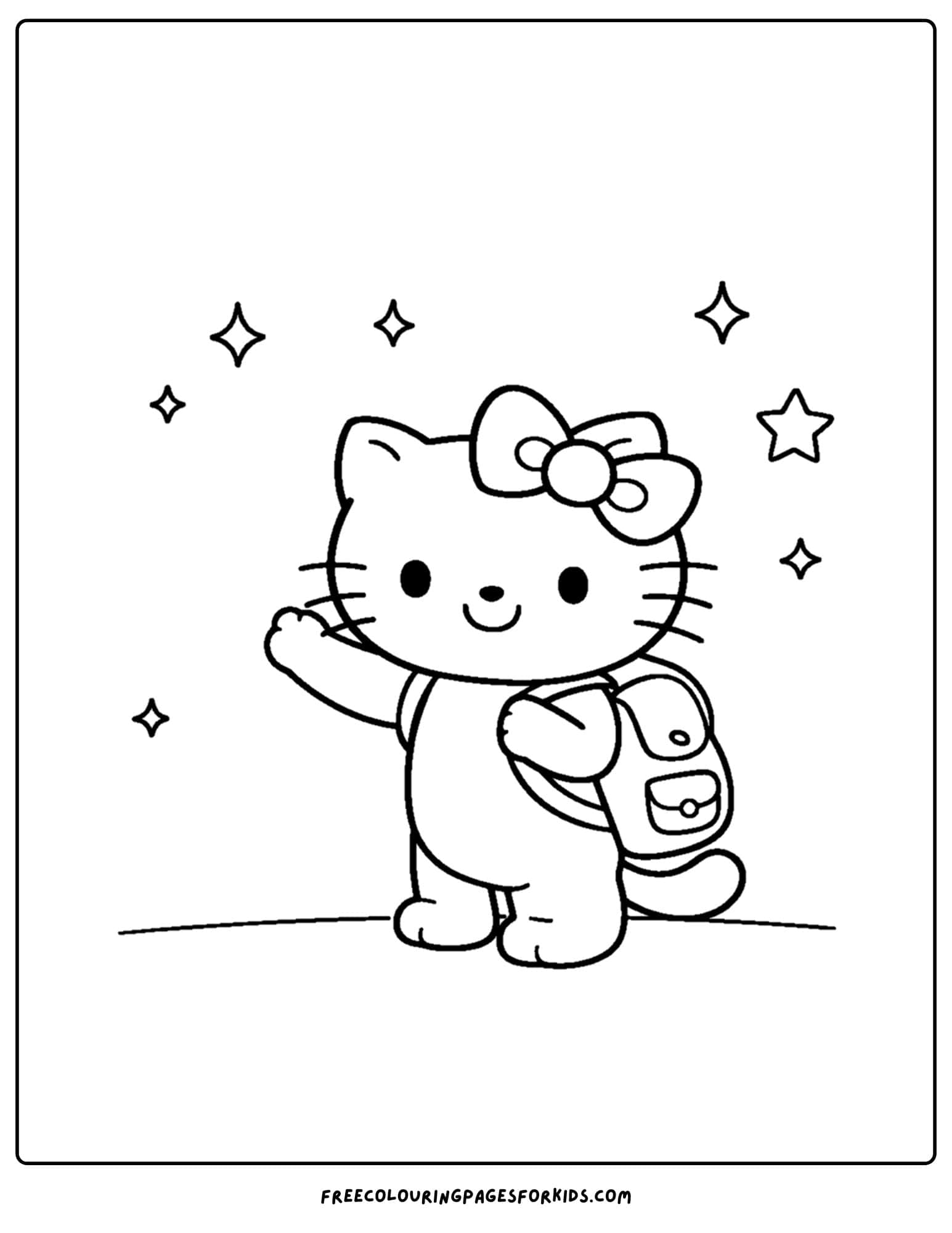 Hello Kitty coloring page carrying a backpack and waving