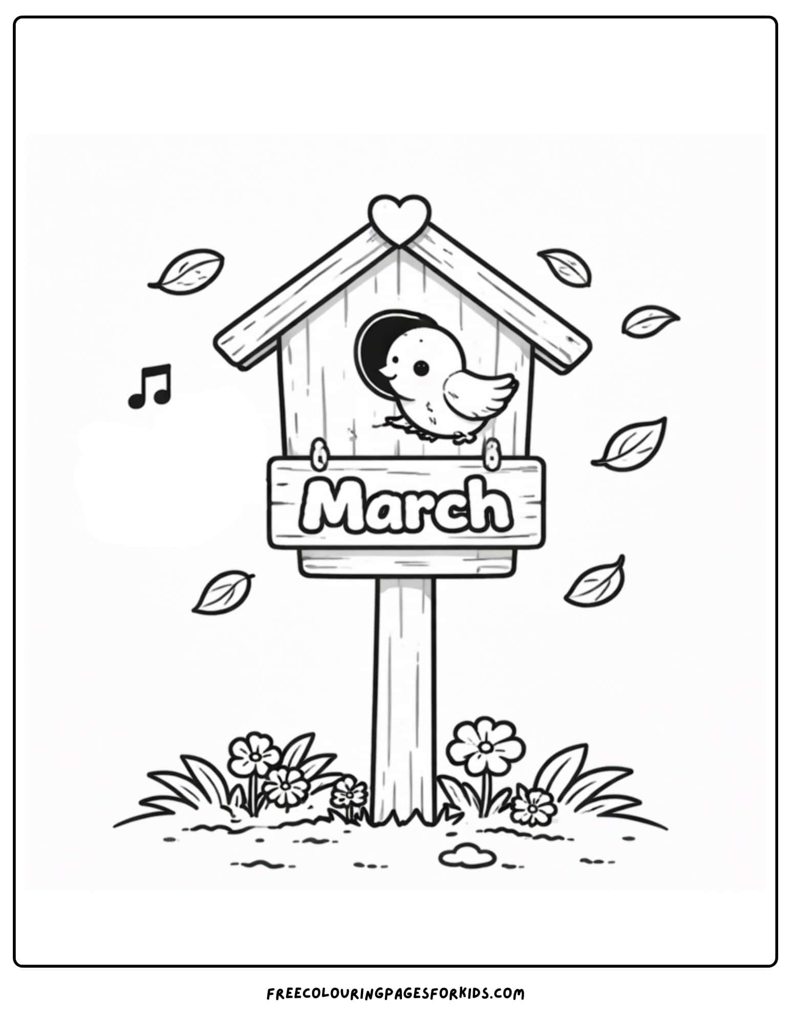 a coloring page for march showing a bird and a birdhouse