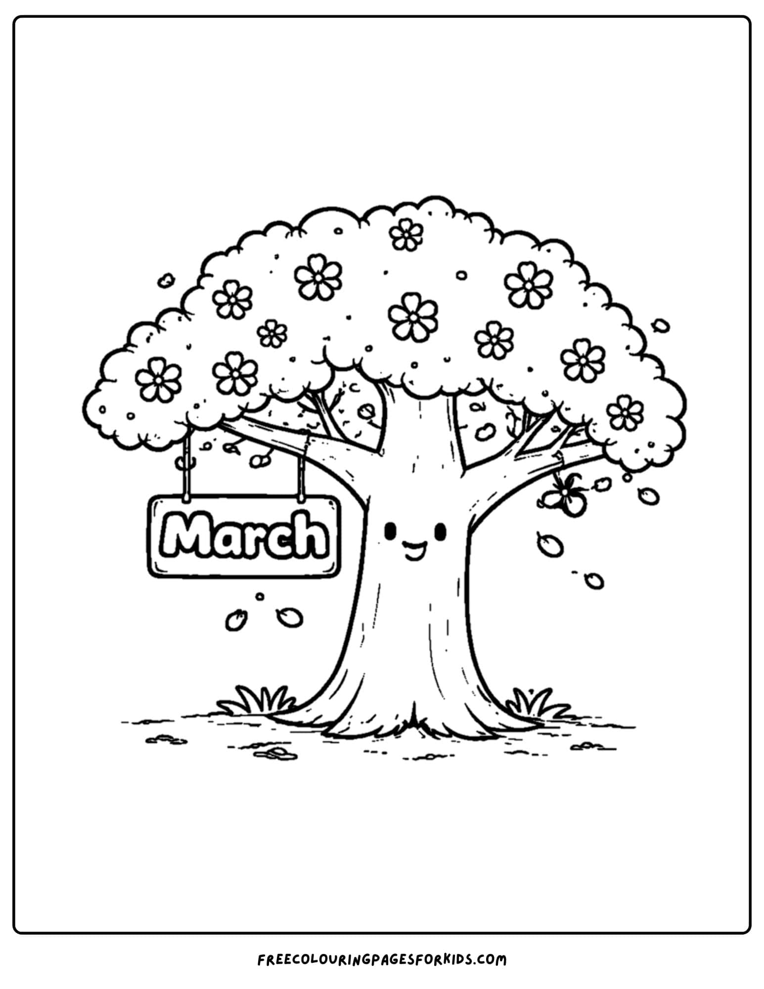 a coloring page for march showing a tree blossoming
