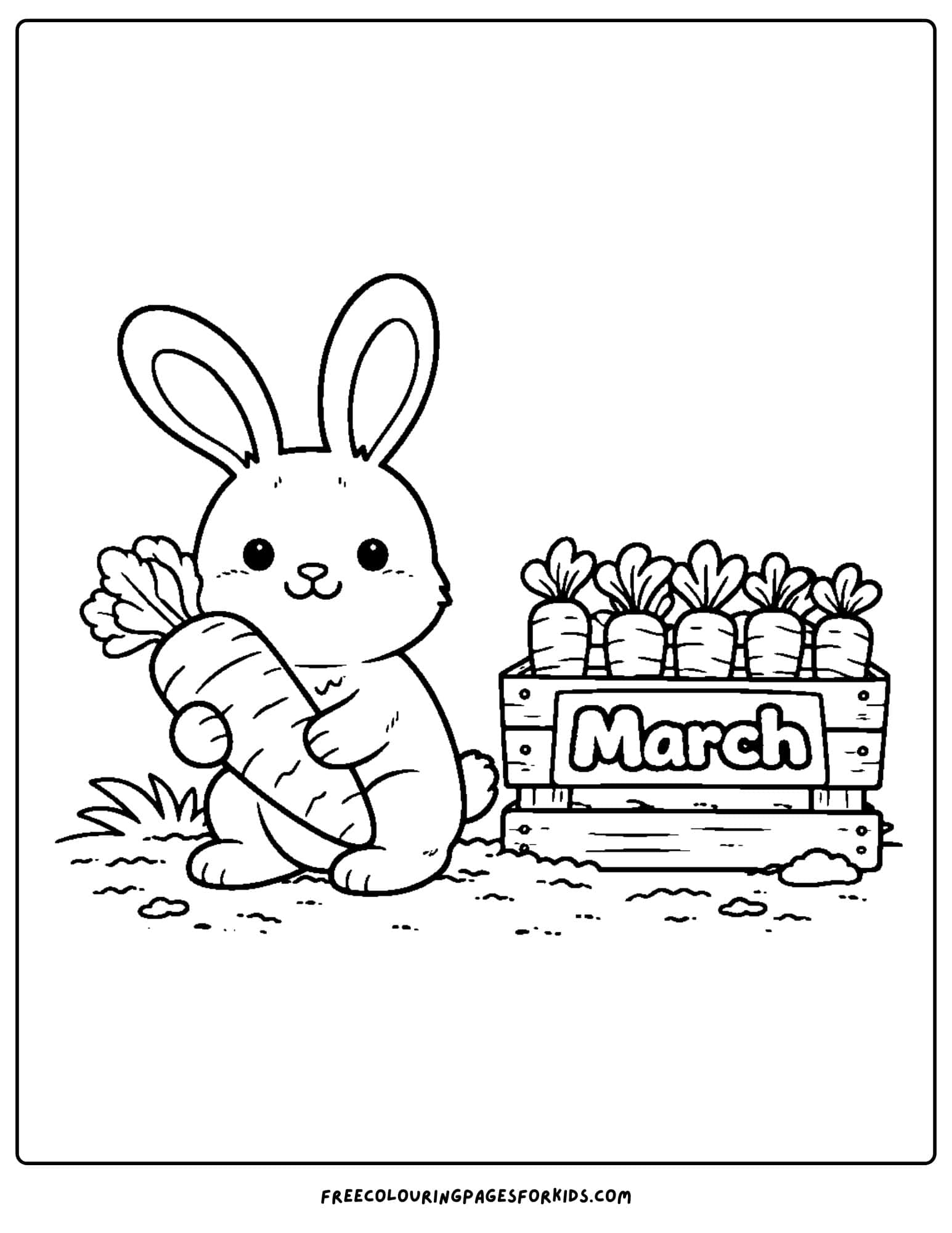 a coloring page for march showing a rabbit with carrots