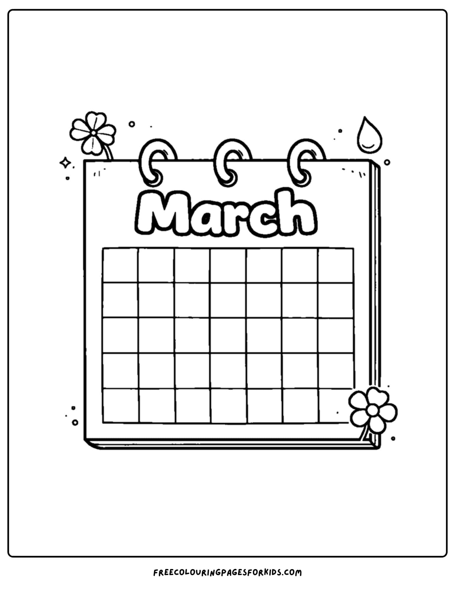 a coloring page for march showing a calendar page for march