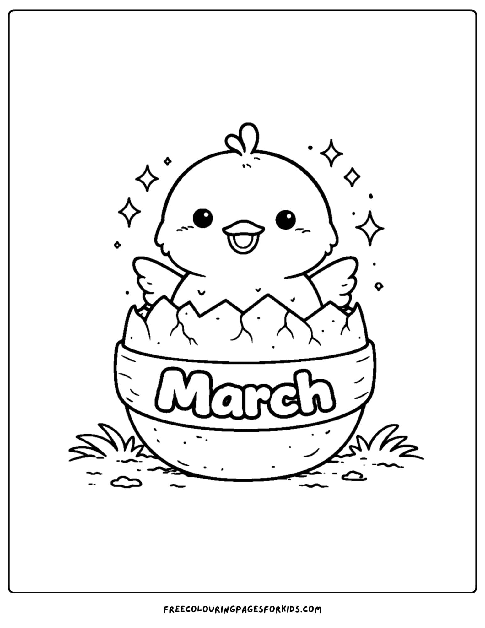 a coloring page for march showing a chick hatching from an egg