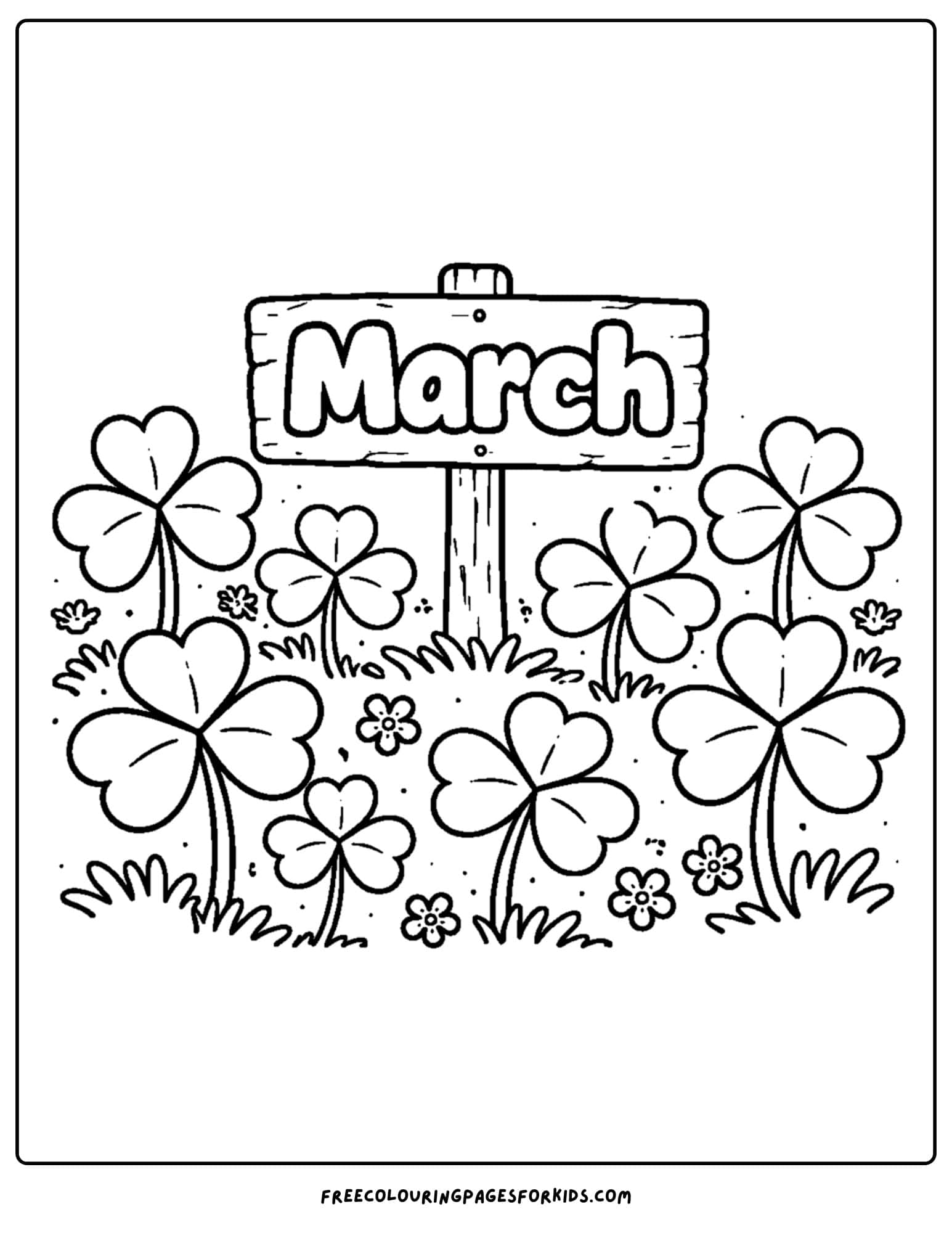 a coloring page for march showing a clover field