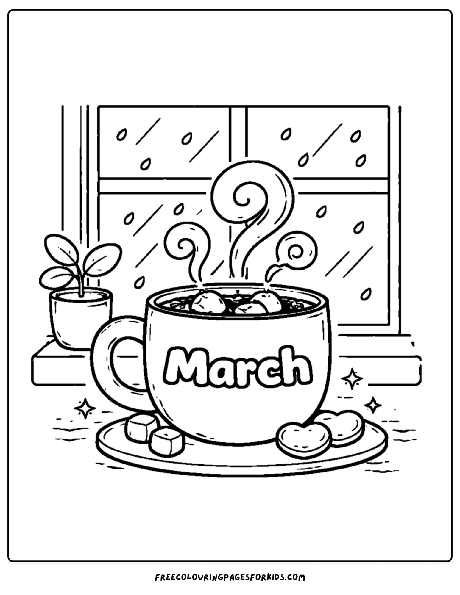 a coloring page for march showing a hot cocoa on a cold day