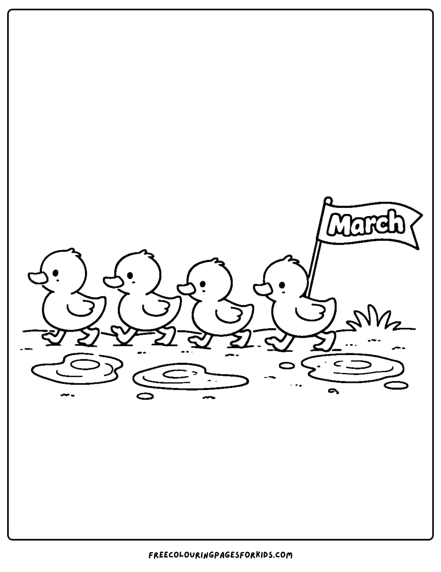 a coloring page for march showing ducklings marching along