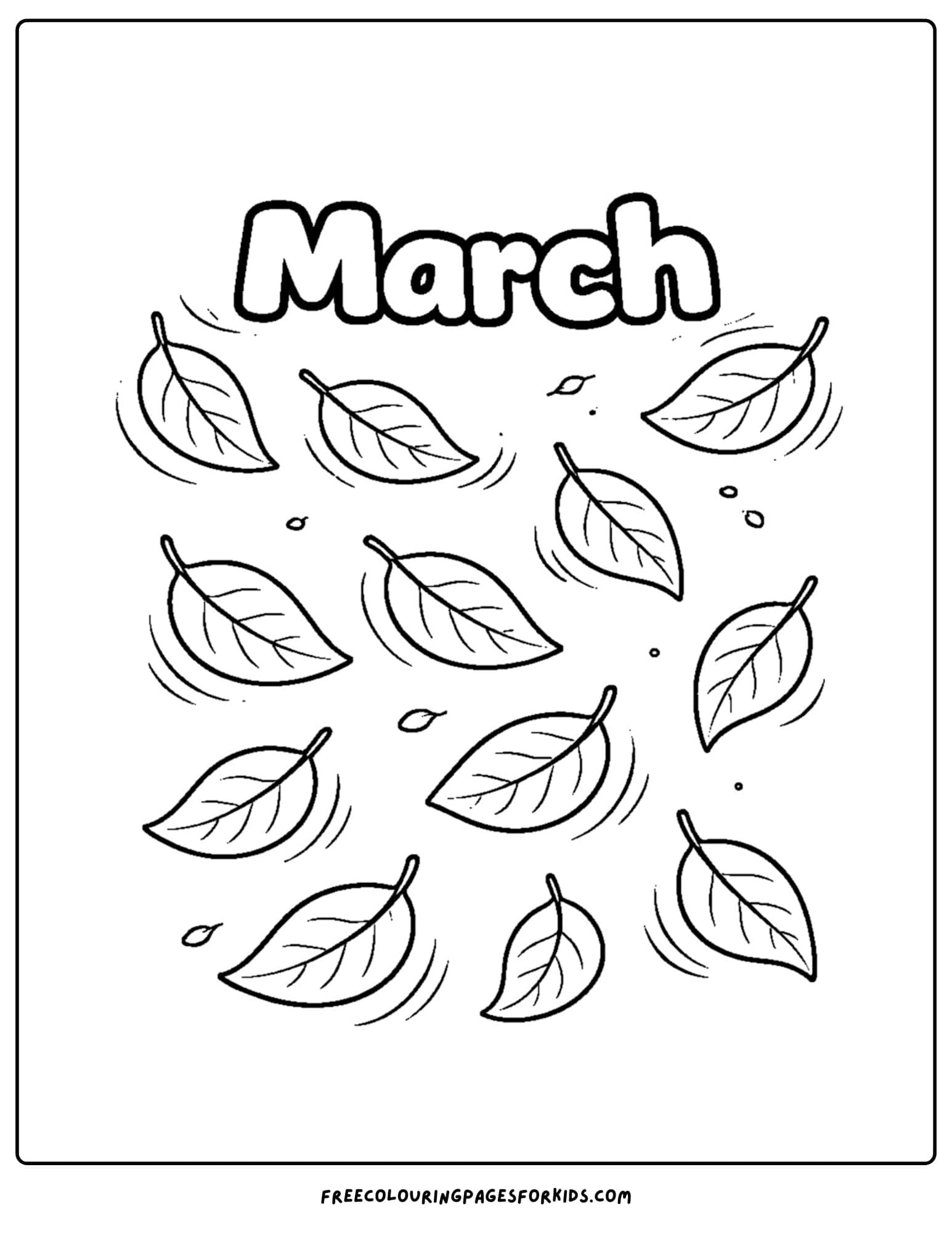 a coloring page for march showing leaves blowing in the wind